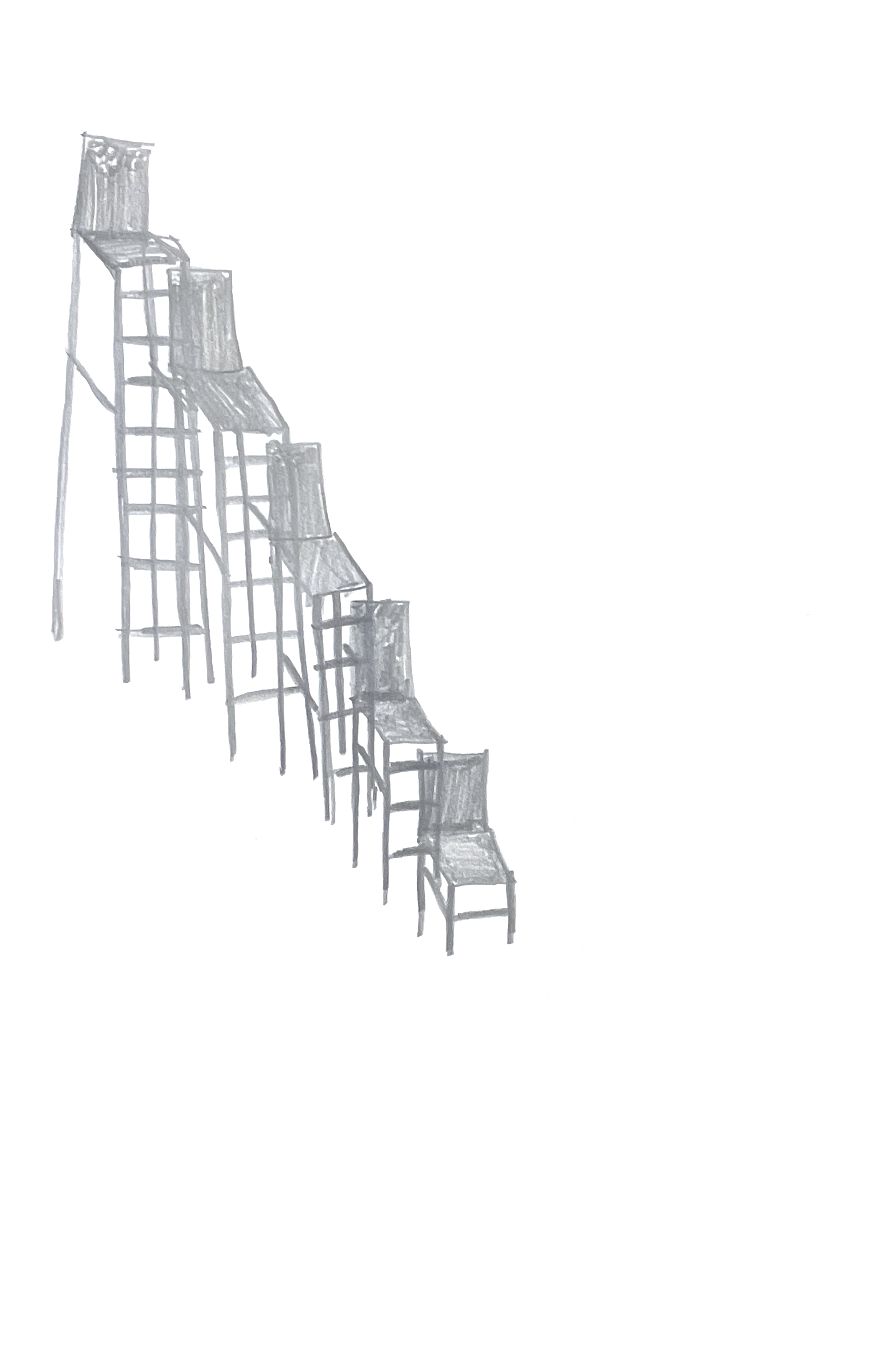 pencil drawing of chairs with increasing heights and ladders attached to the fronts