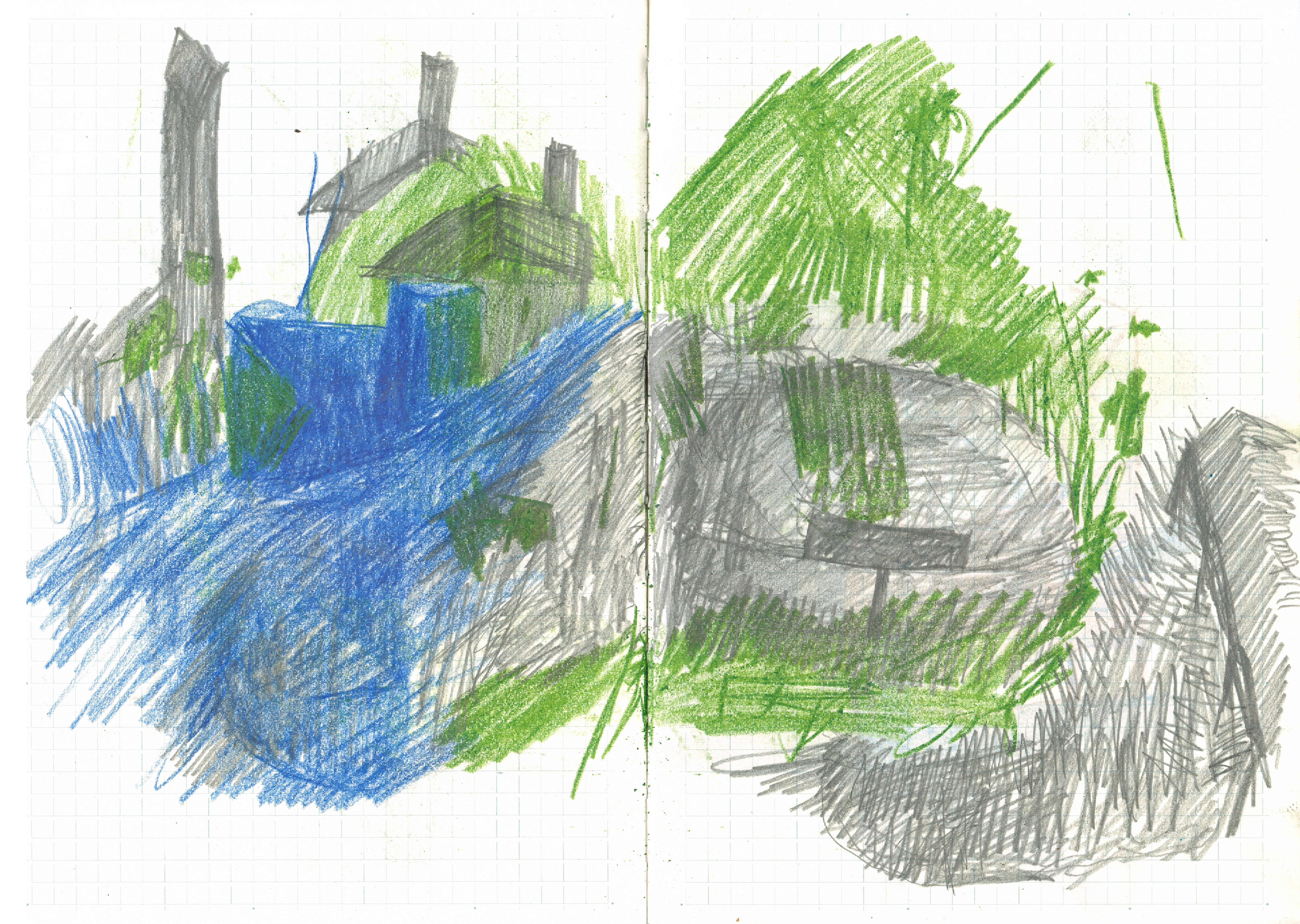 colored-pencil drawing of a landscape in blue and green