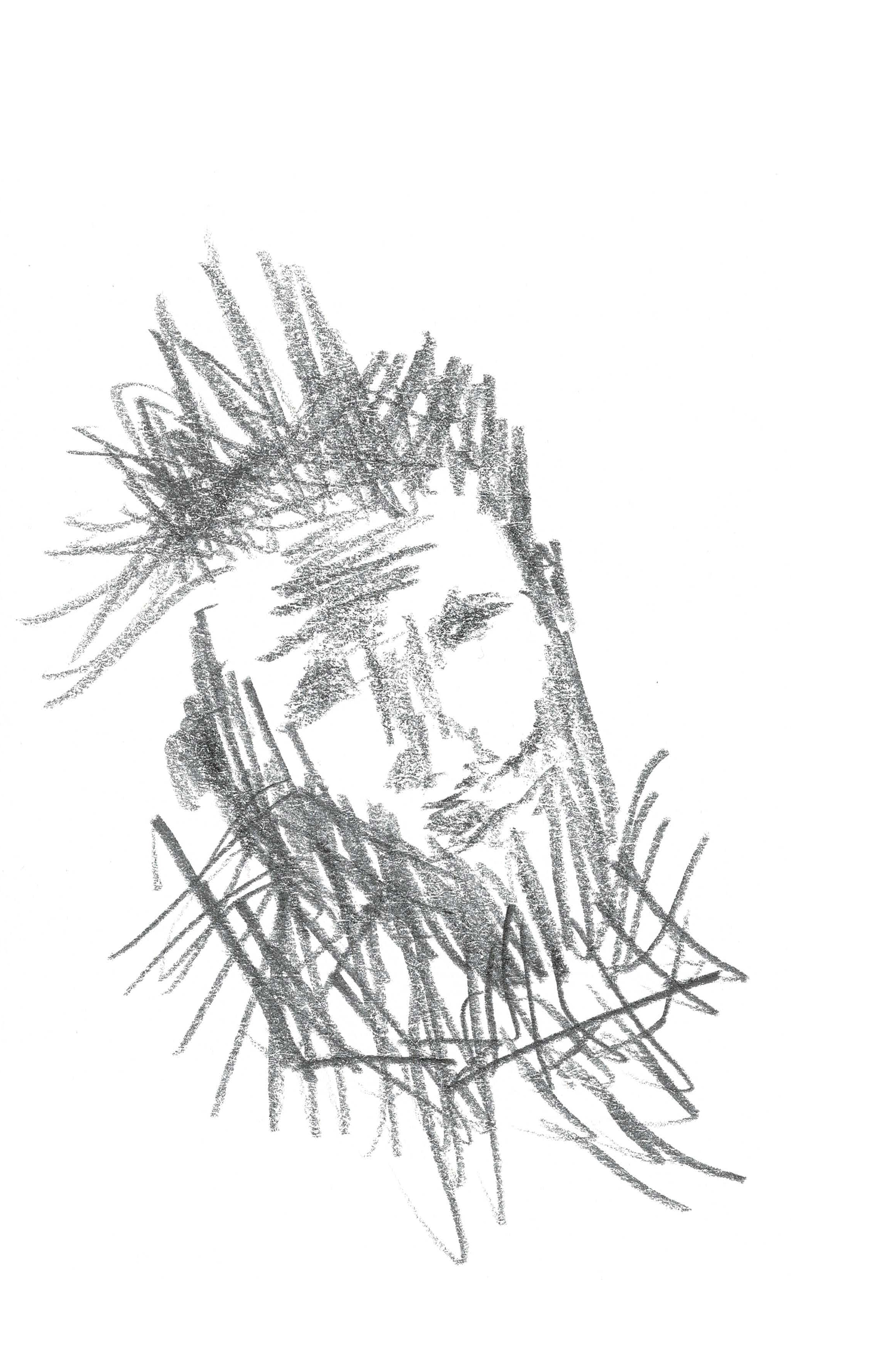 a pencil drawing of a head with splayed hair and an absent look