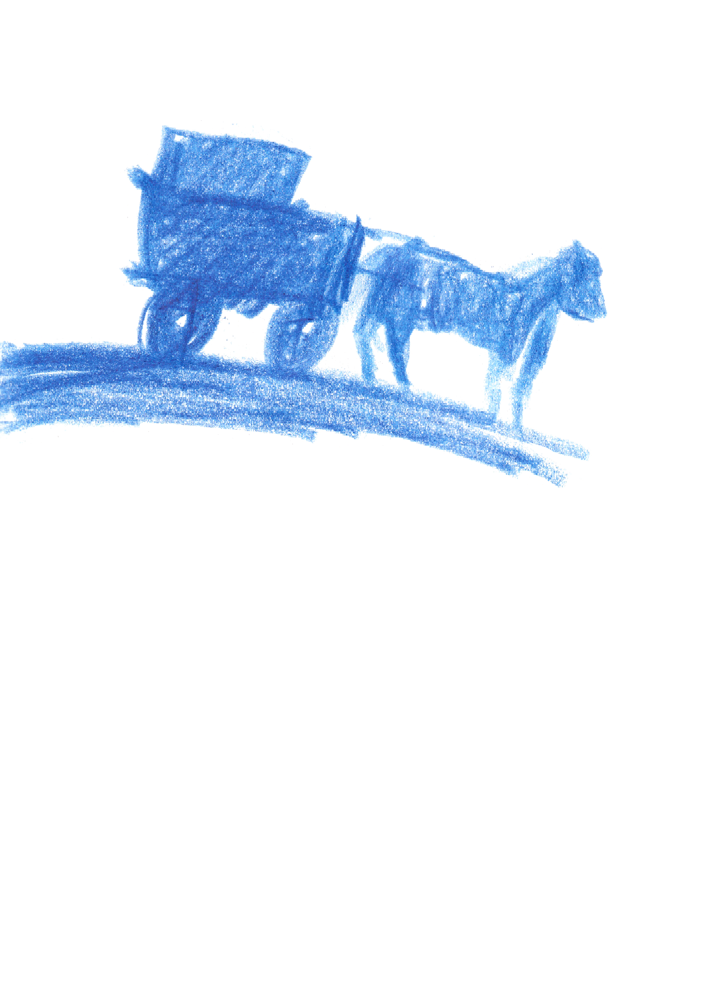 colored pencil drawing in blue of a horse pulling a buggy to the right of the page
