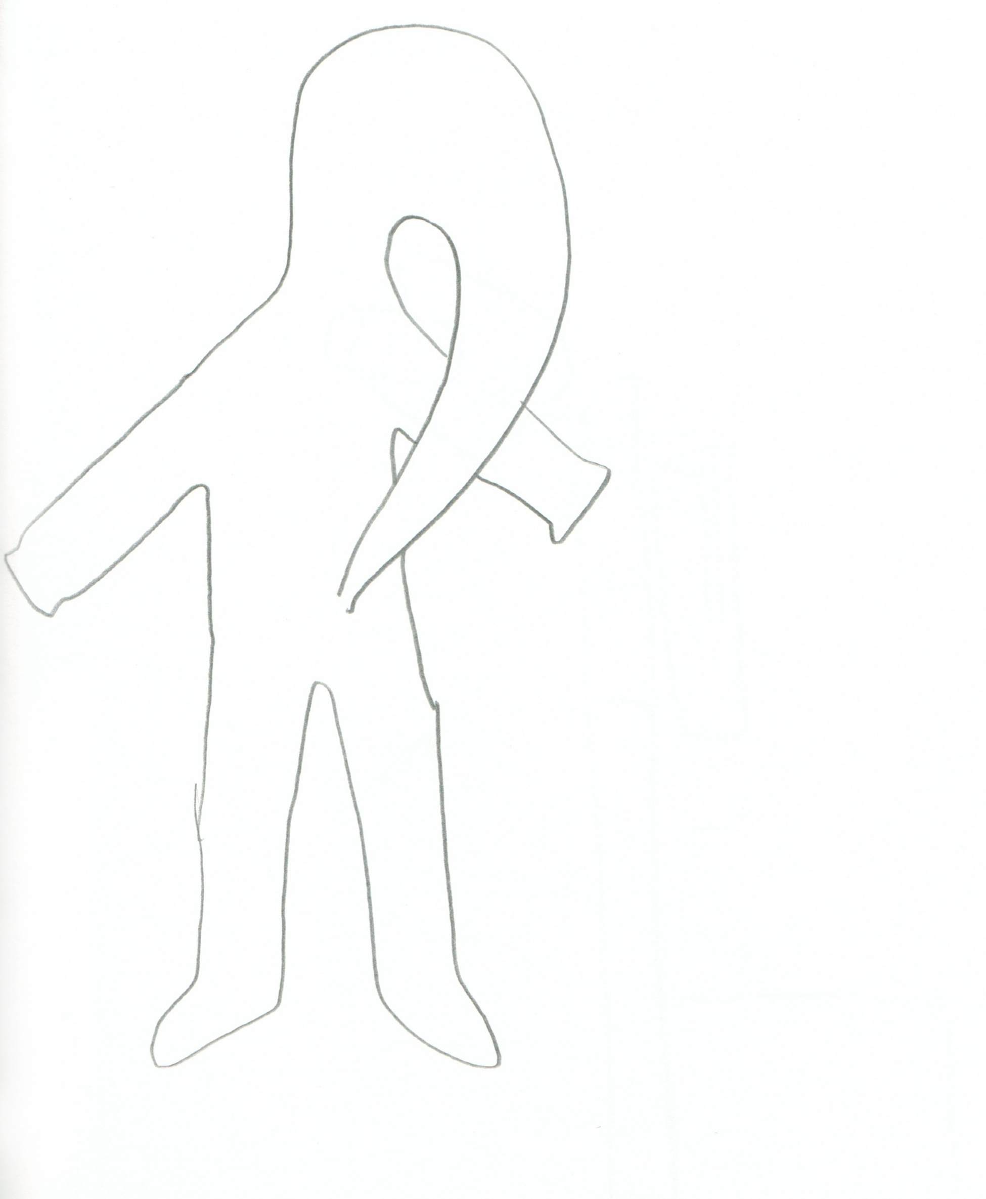 pencil drawing of a person whose head is missing and whose neck swoops down and connects with the lower belly