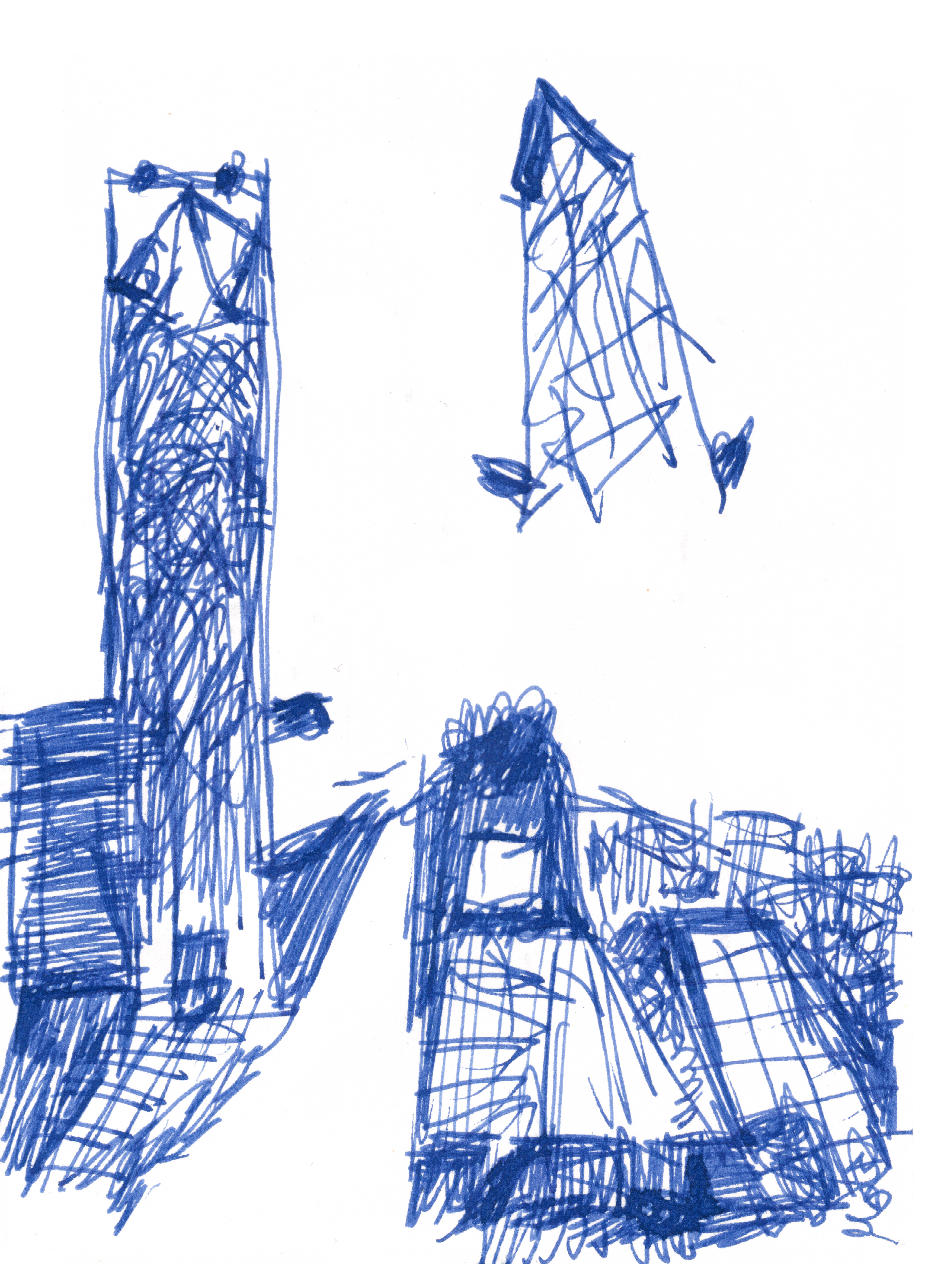 pen drawing in blue of two structures drawn scratchily and a pitched-roof building in the background