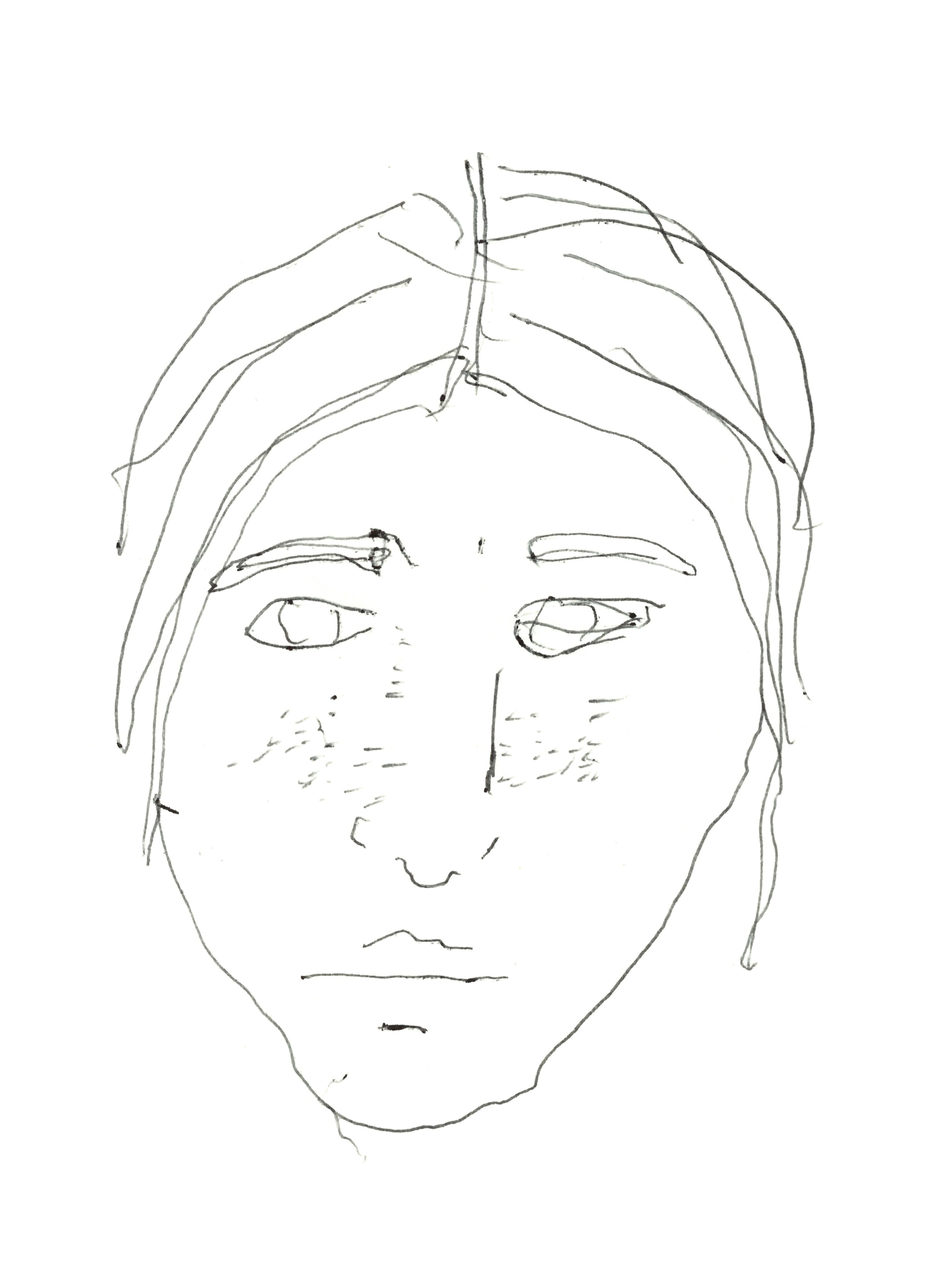 pen drawing in black of am expressionless face with freckles, straight hair falling down in a middle-part