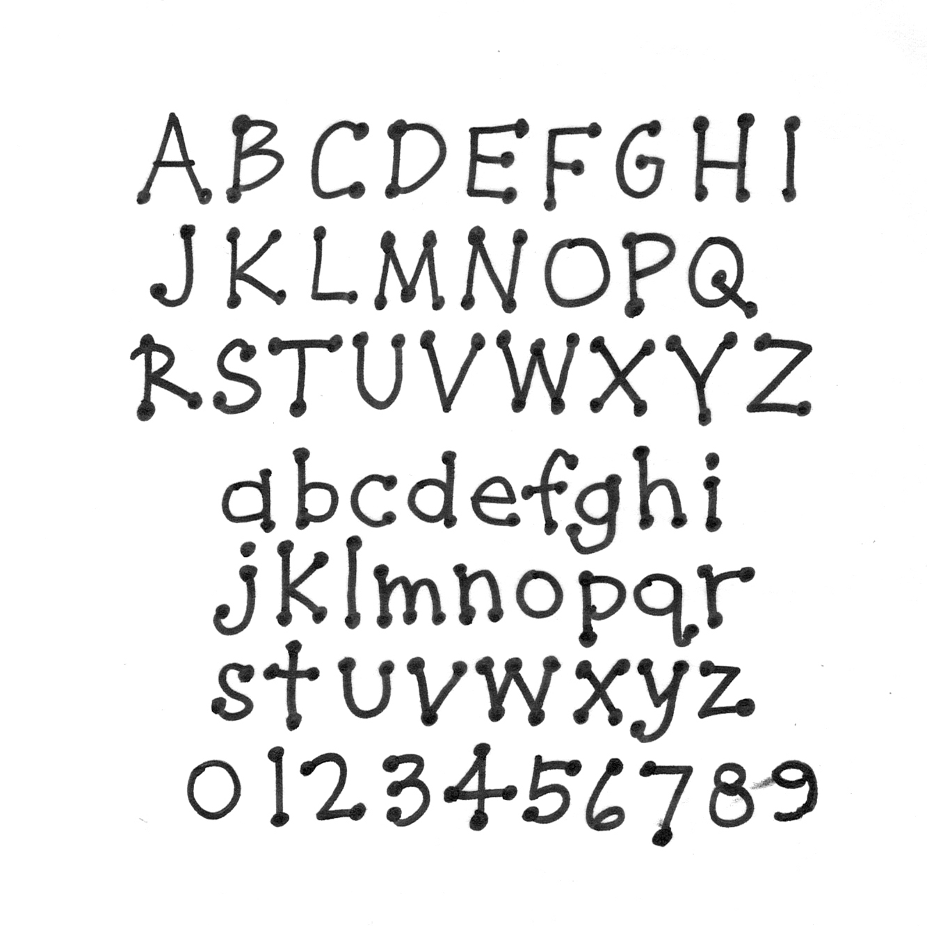 hand drawn type specimen in marker with the English alphabet in both upper and lower cases plus numbers