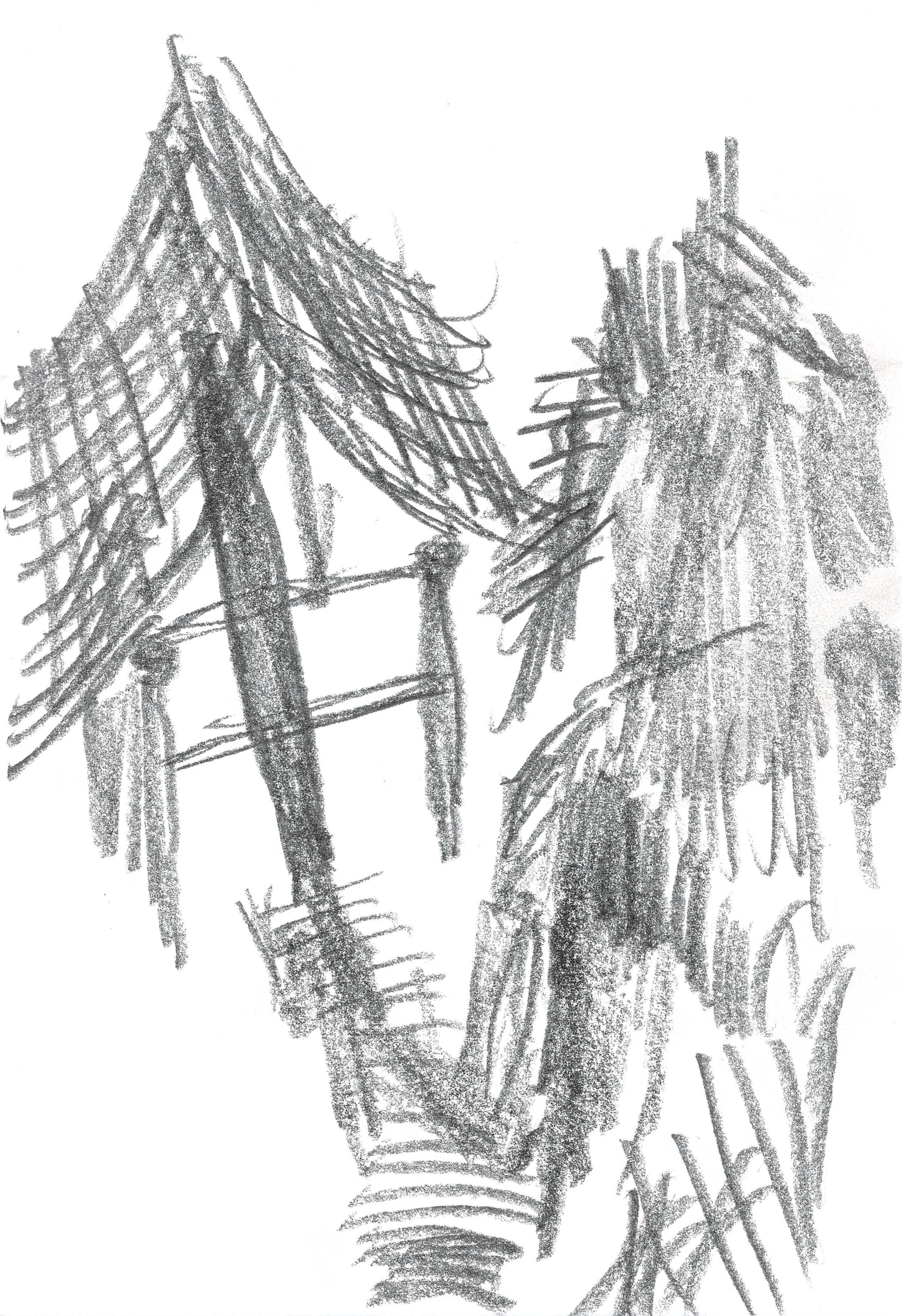 a pencil drawing of a figure coming in from the right side of the frame holding a long knife, approaching a tent