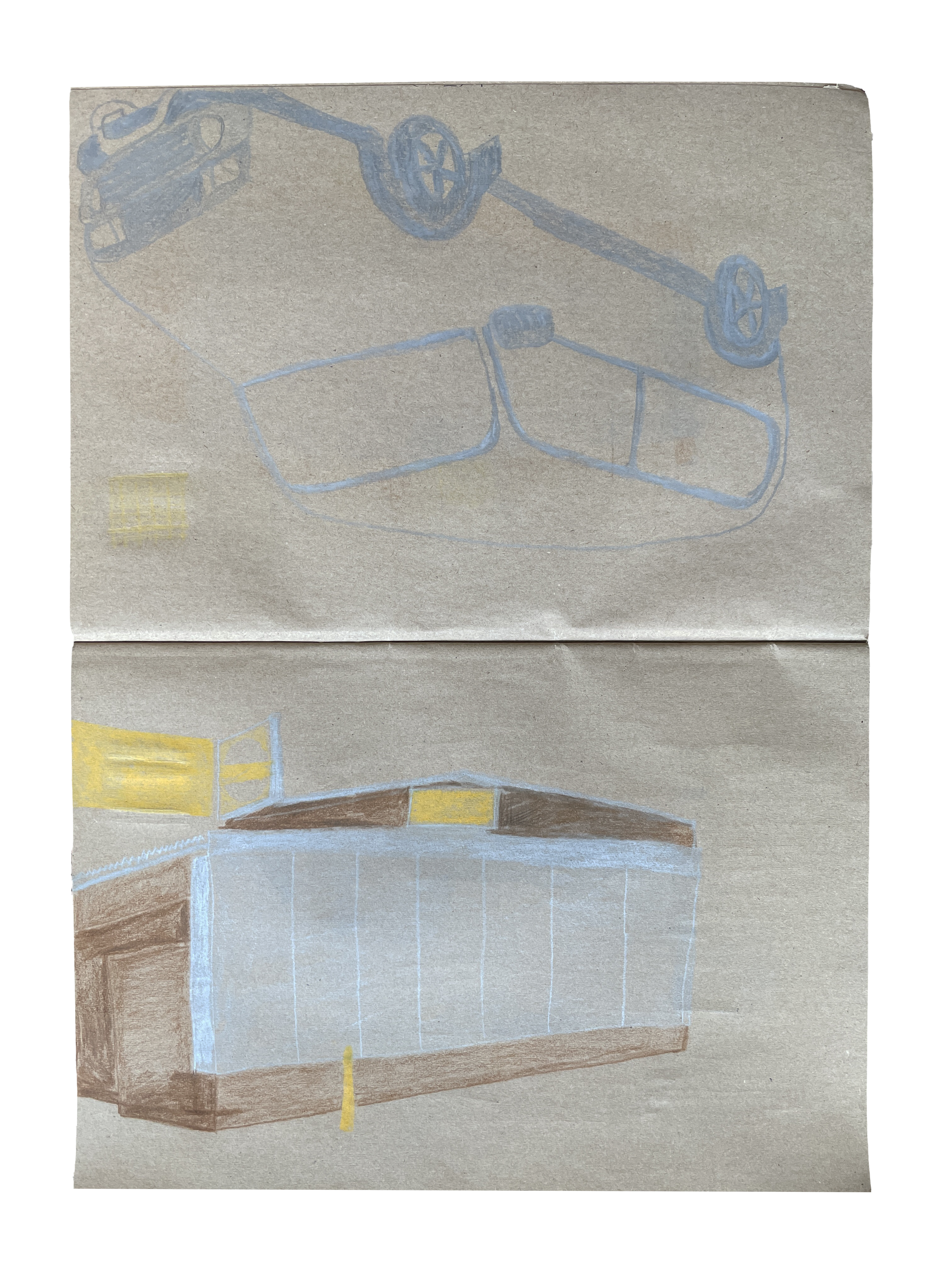 drawing in silver, brown and yellow, a building on bottom without windows and a car above