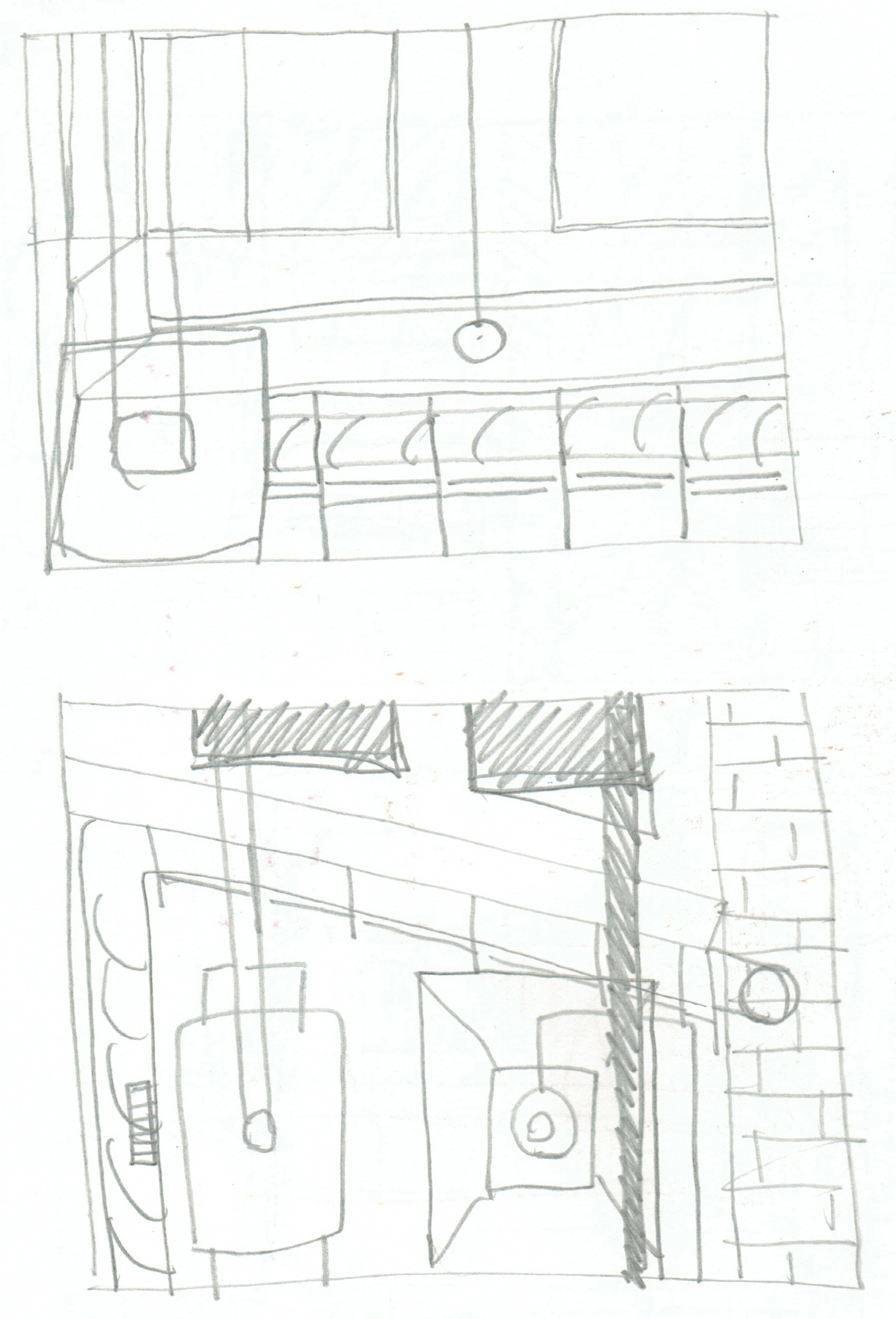 two pencil sketches of room interiors