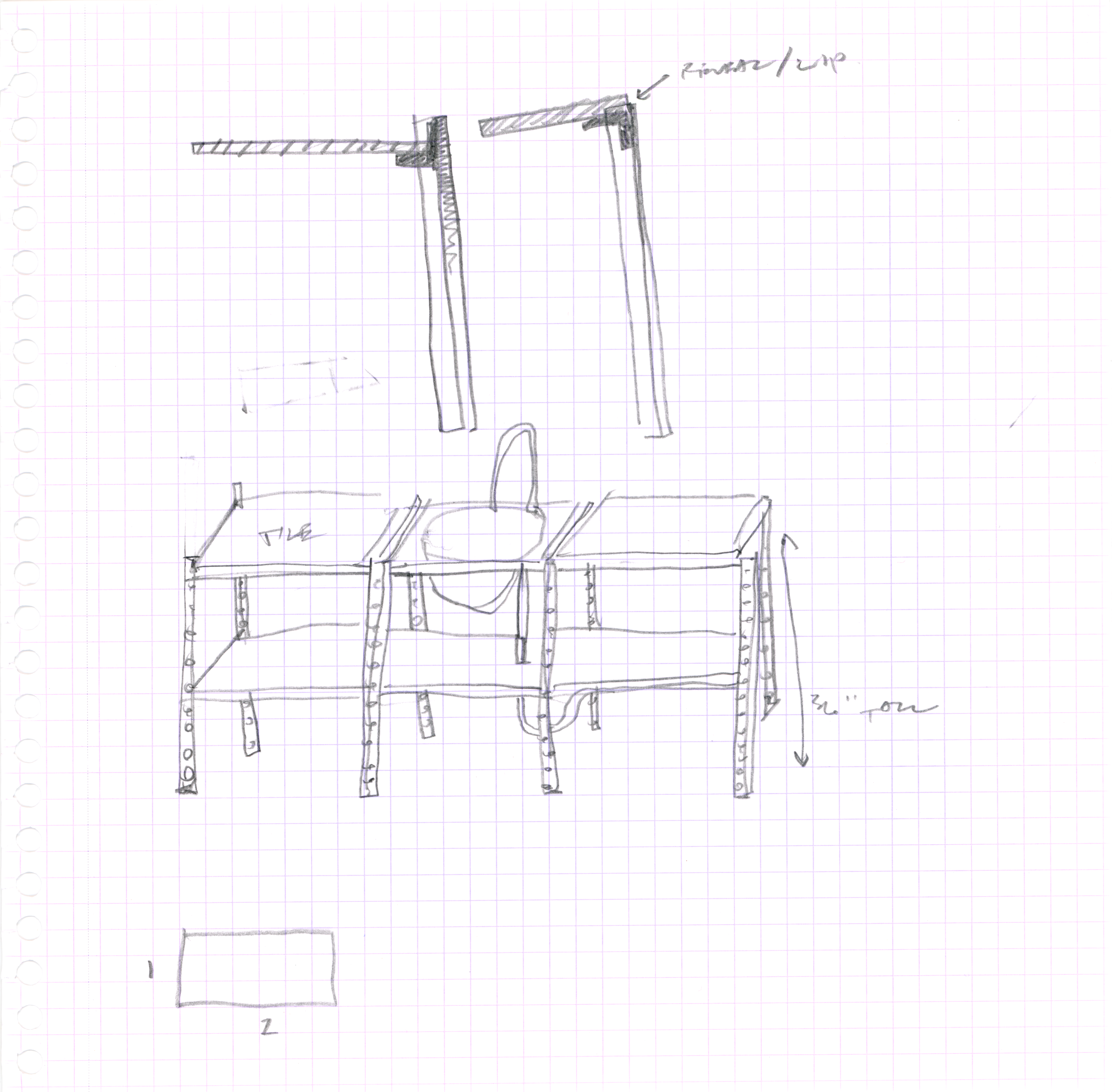 diagrams in pencil of shelves with a sink and faucet