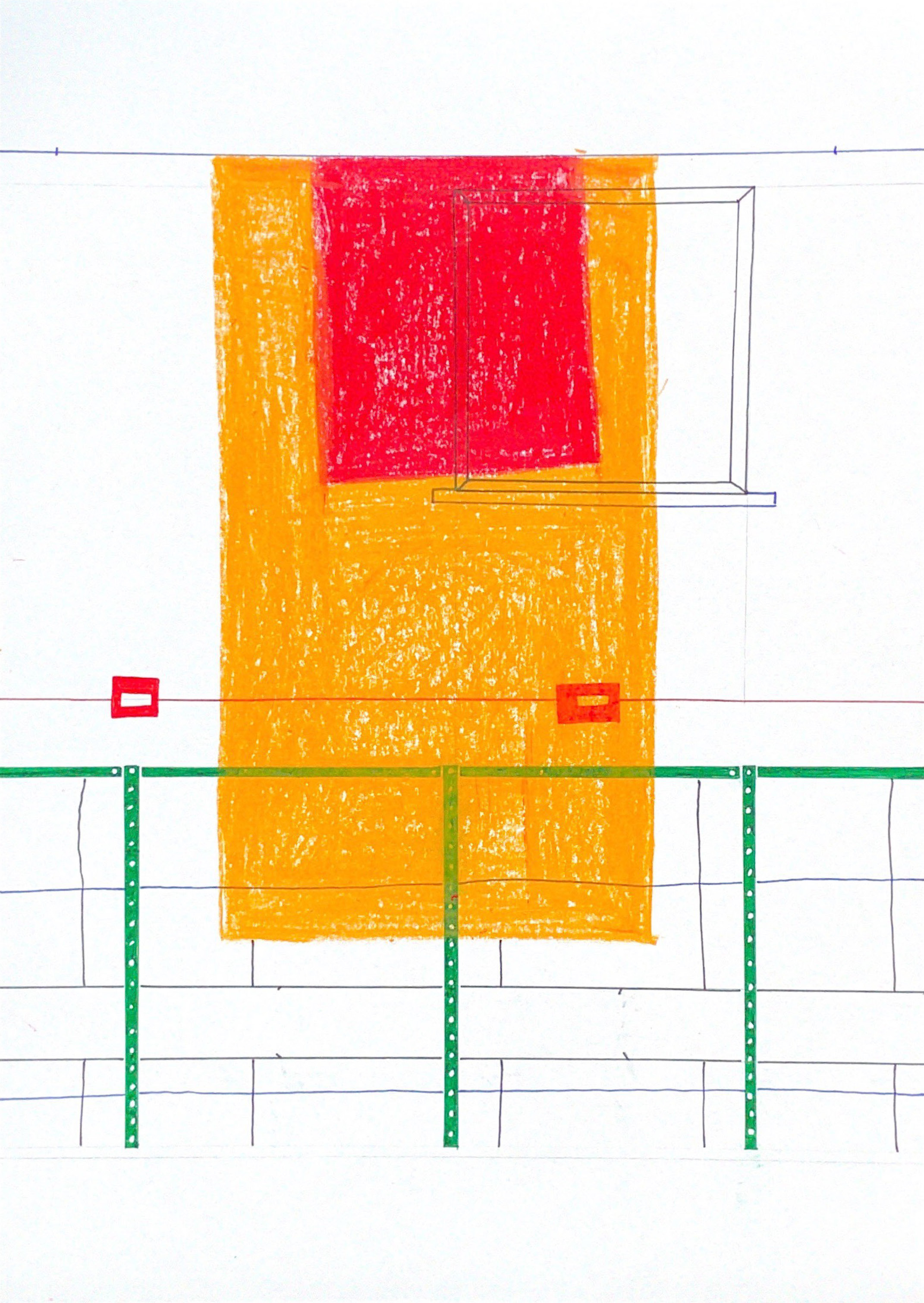 pen and pastel drawing of hanging sheets in red and orange in front of horizontal green shelving