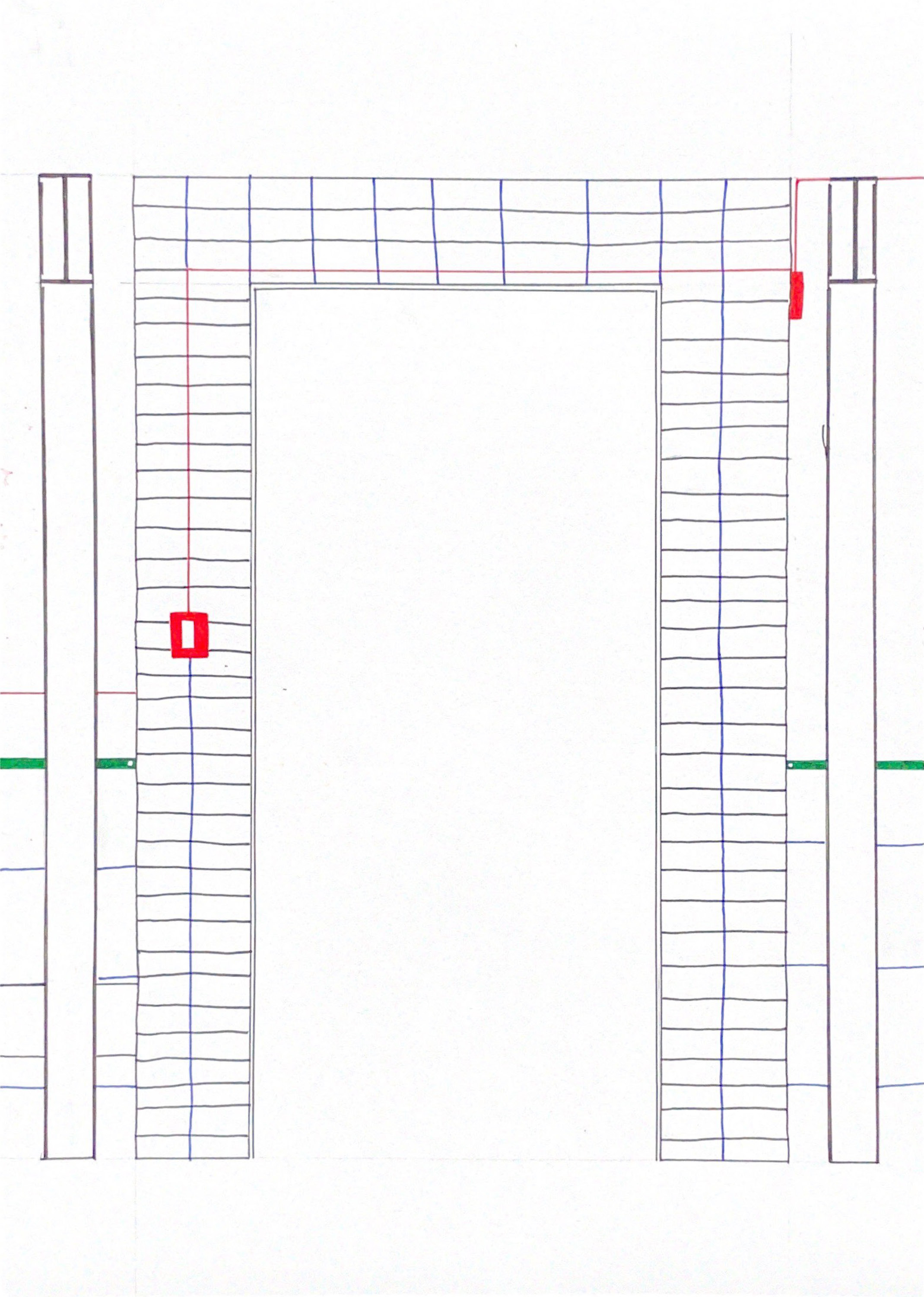 pen drawing of doorway with red electrical receptacles