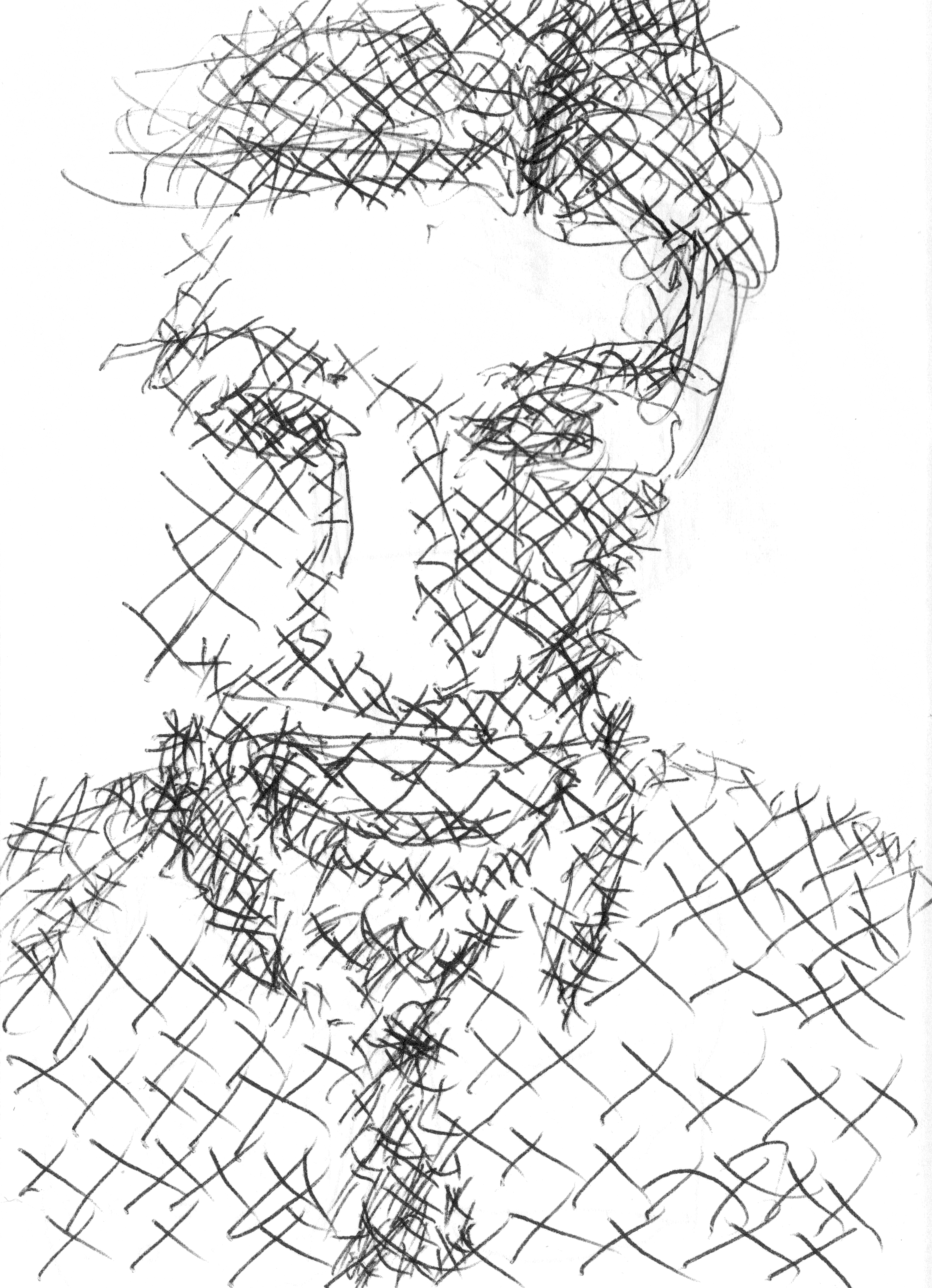 pen drawing of a man wearing a shirt and tie, hatched with x's of various sizes