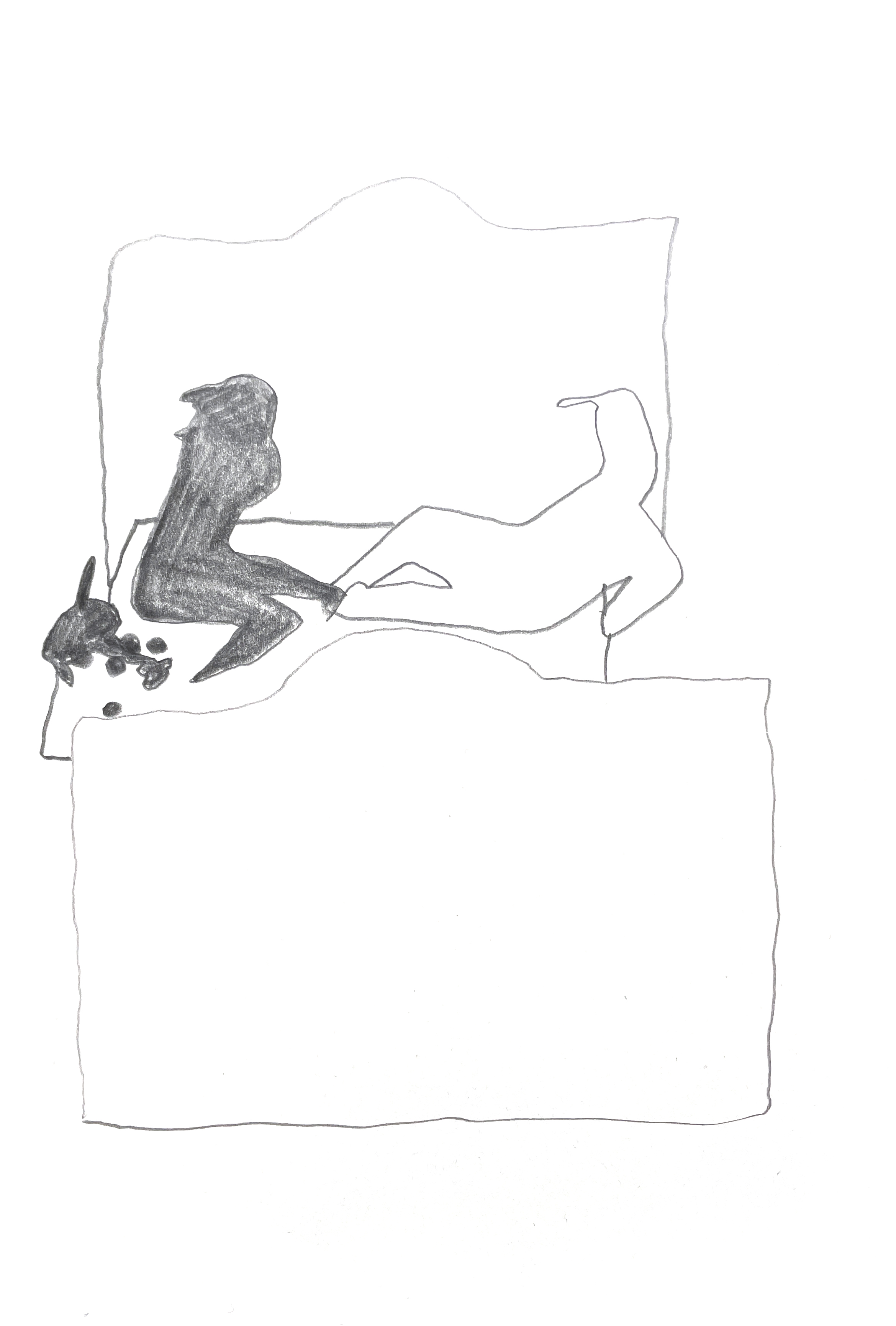 pencil drawing of two figures lying in a huge bed, one is colored in with pencil and one is only outlines