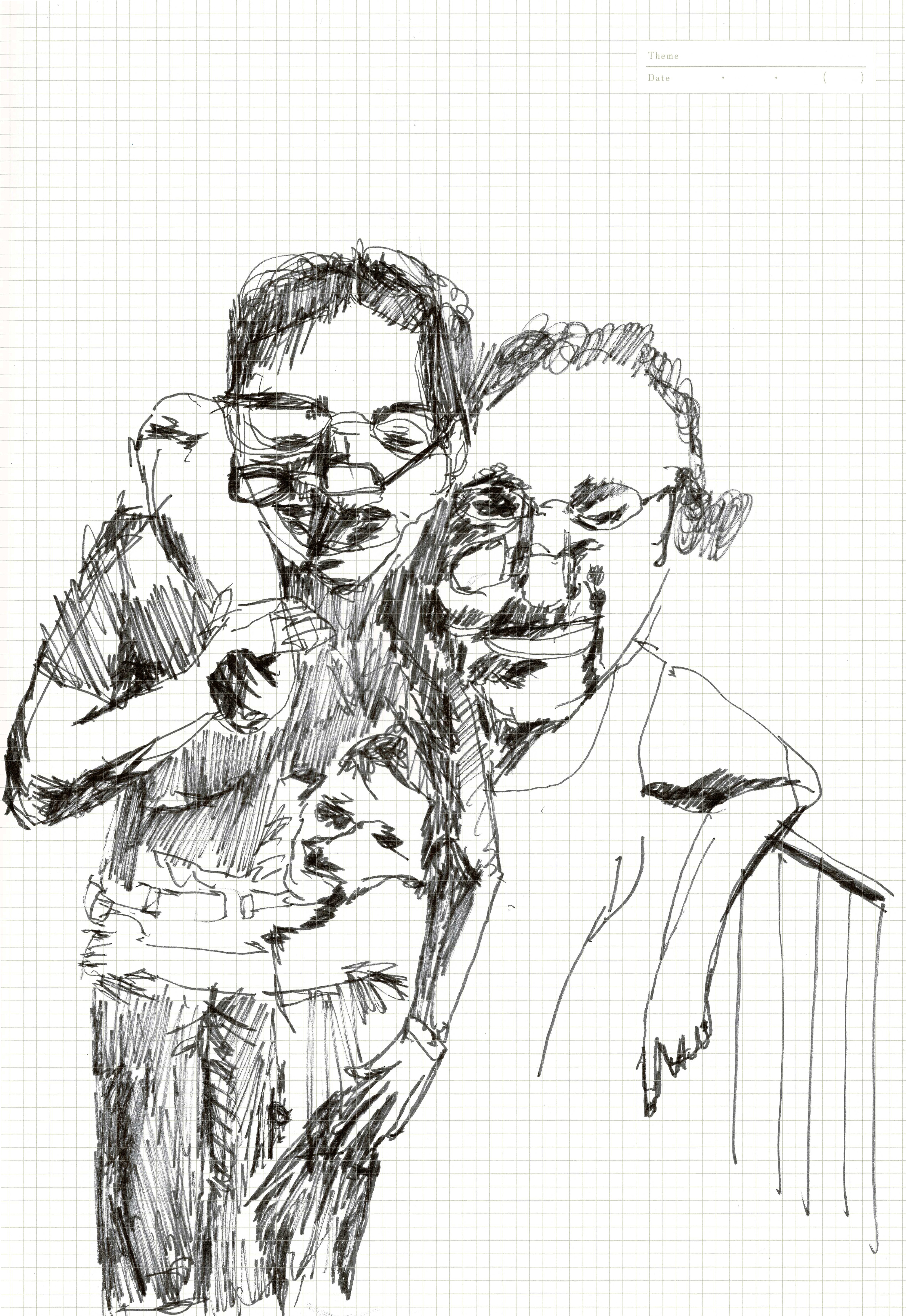 pen drawing of three figures, with arms slung over the other's shoulder, and a small child holding the leg of one figure