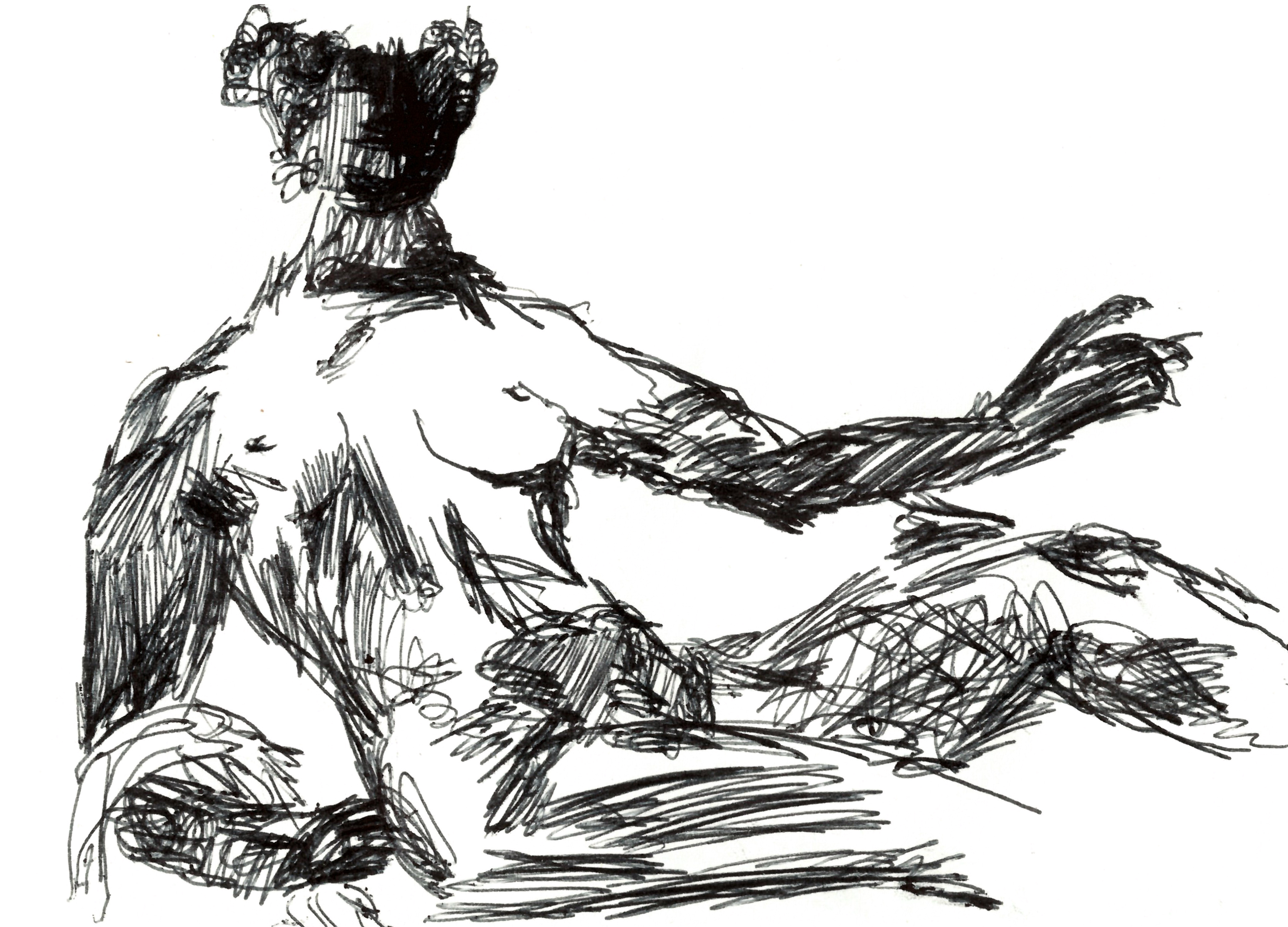 pen drawing in black of a female figure reclining backwards, resting on her right arm with her chest upwards and her left arm raised