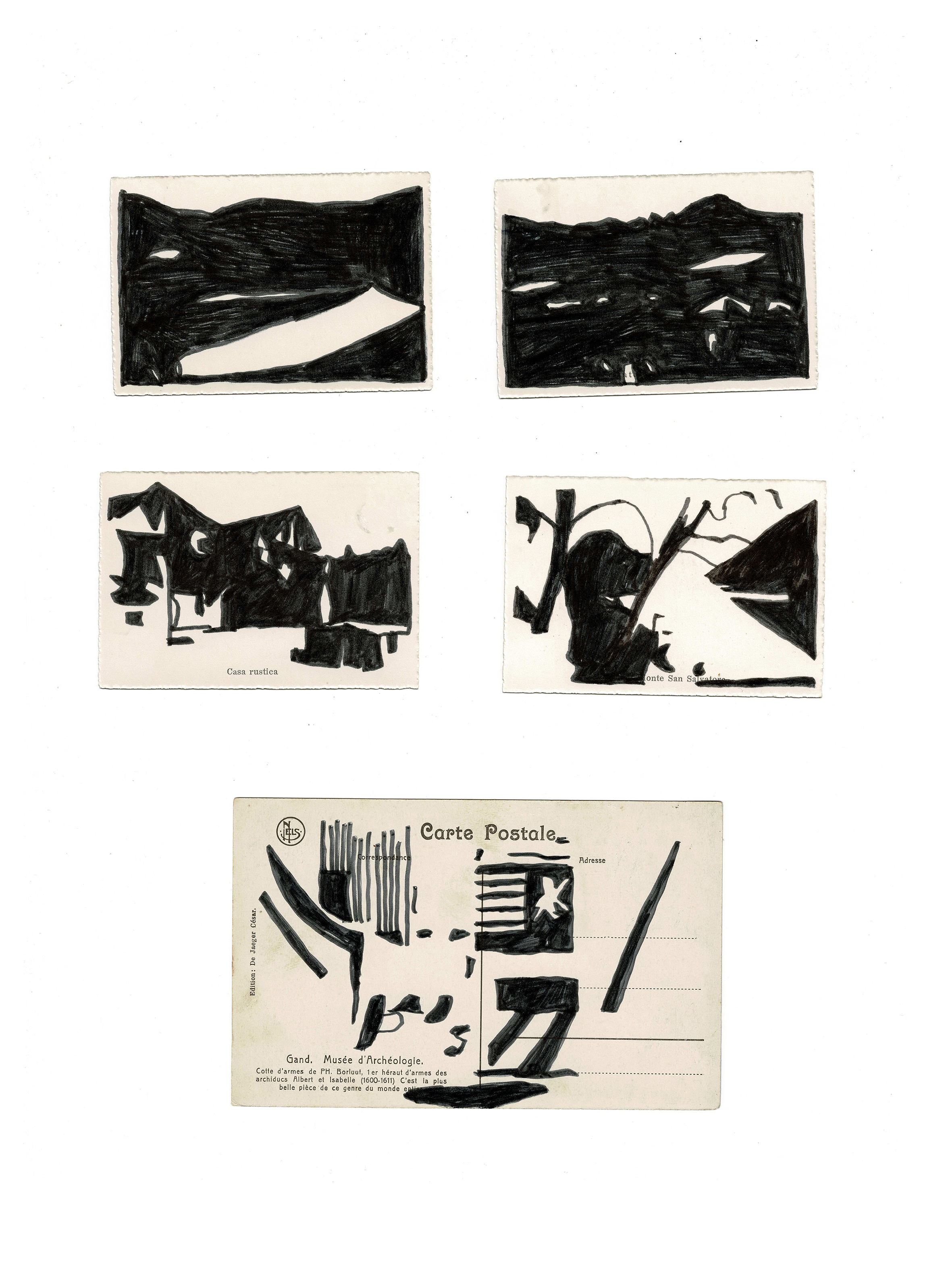 five small postcards with black-silhouettes drawn on them