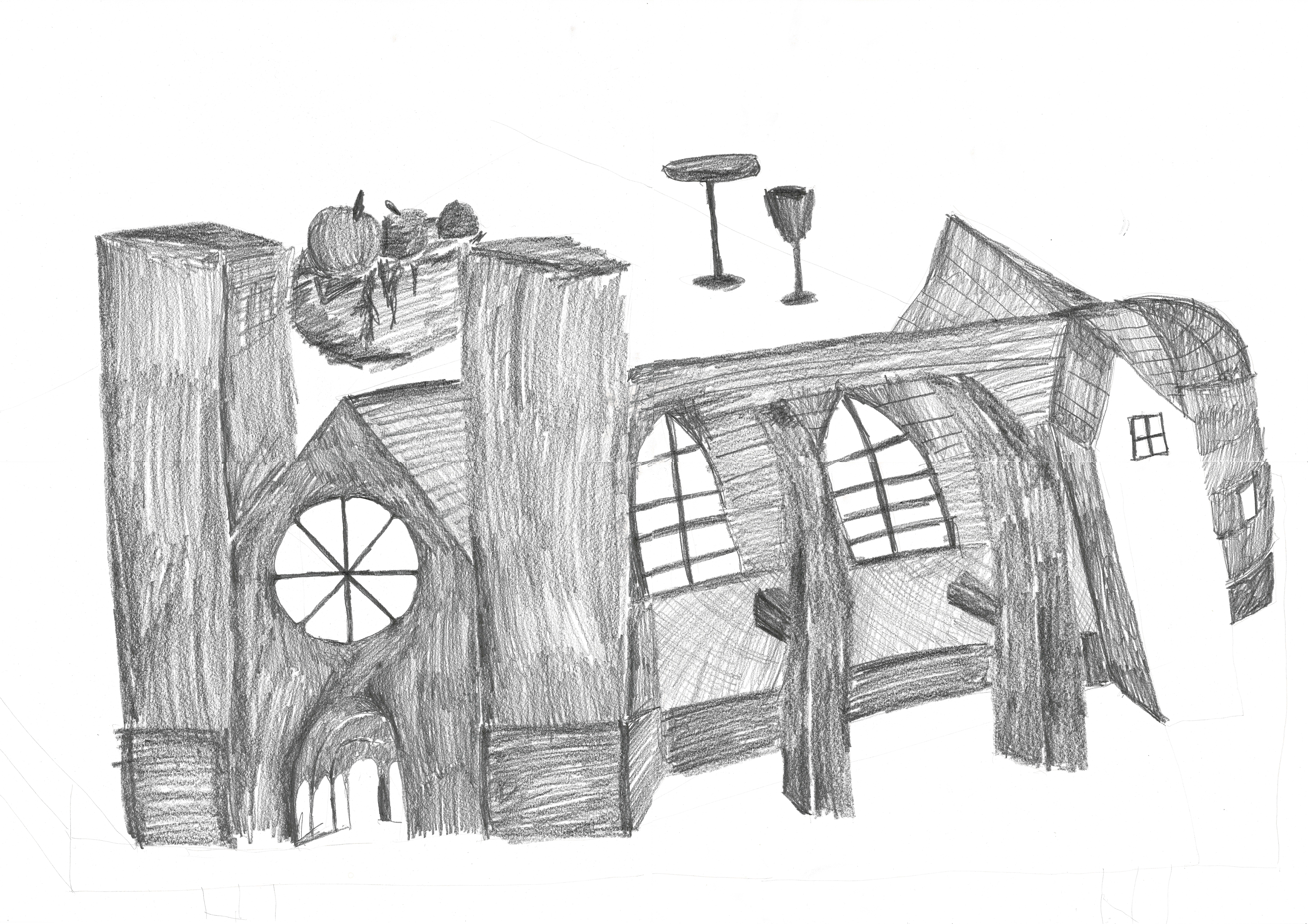 pencil drawing of a medieval cathedral sitting on a table with a bowl of fruit and two glasses in the background