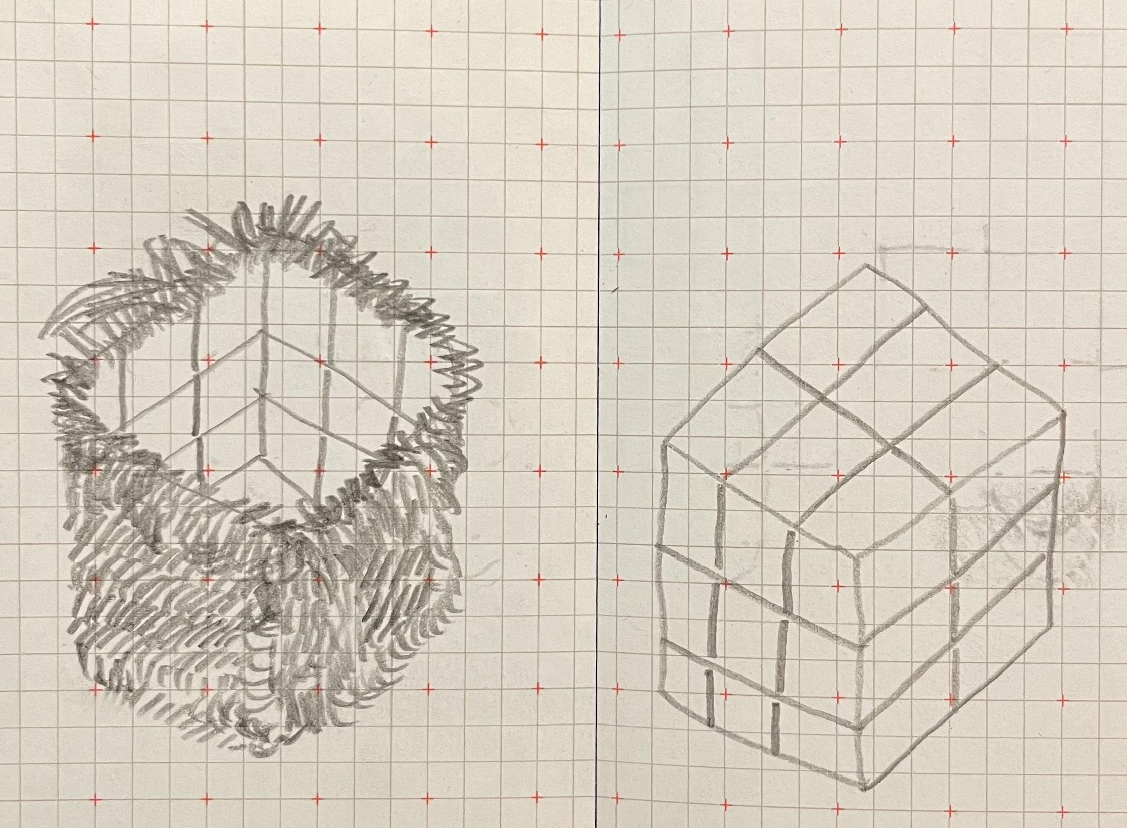 pencil drawing on grid paper of a hole in the ground and a pile of bricks