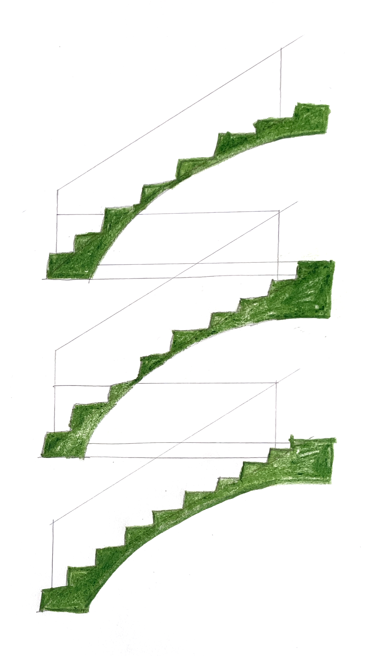 colored pencil section drawing through three flights of stairs with railings, drawn in green