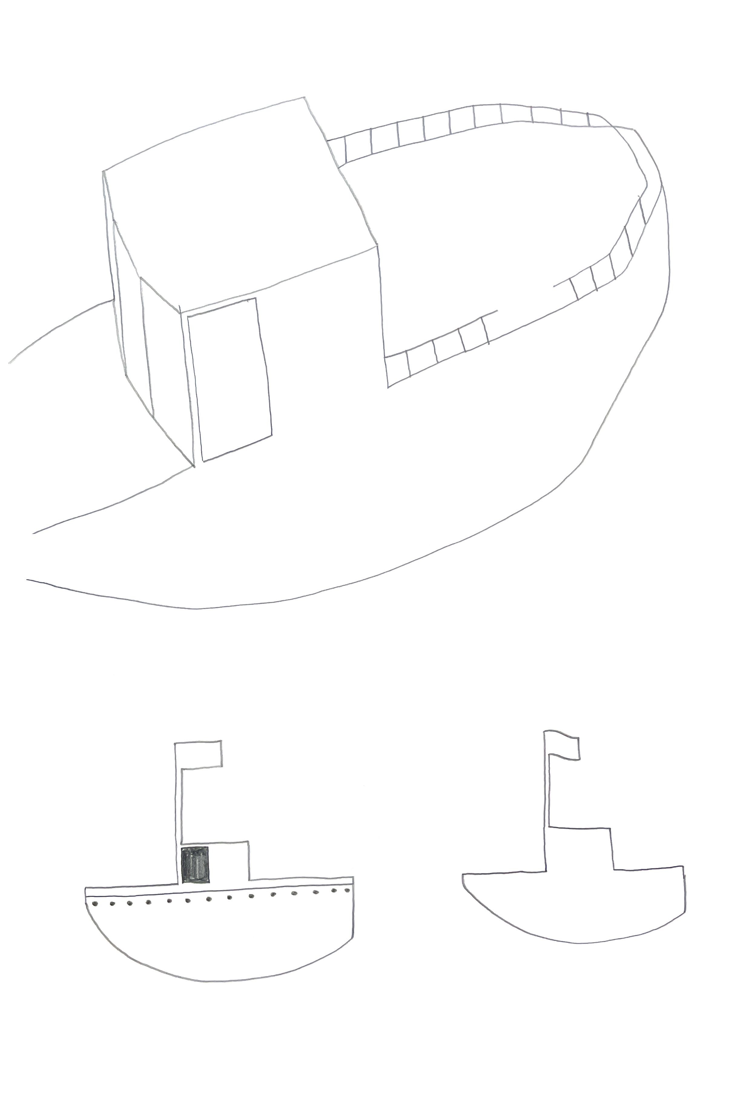 axonometric pencil drawing of a boat with two smaller boats in profile below