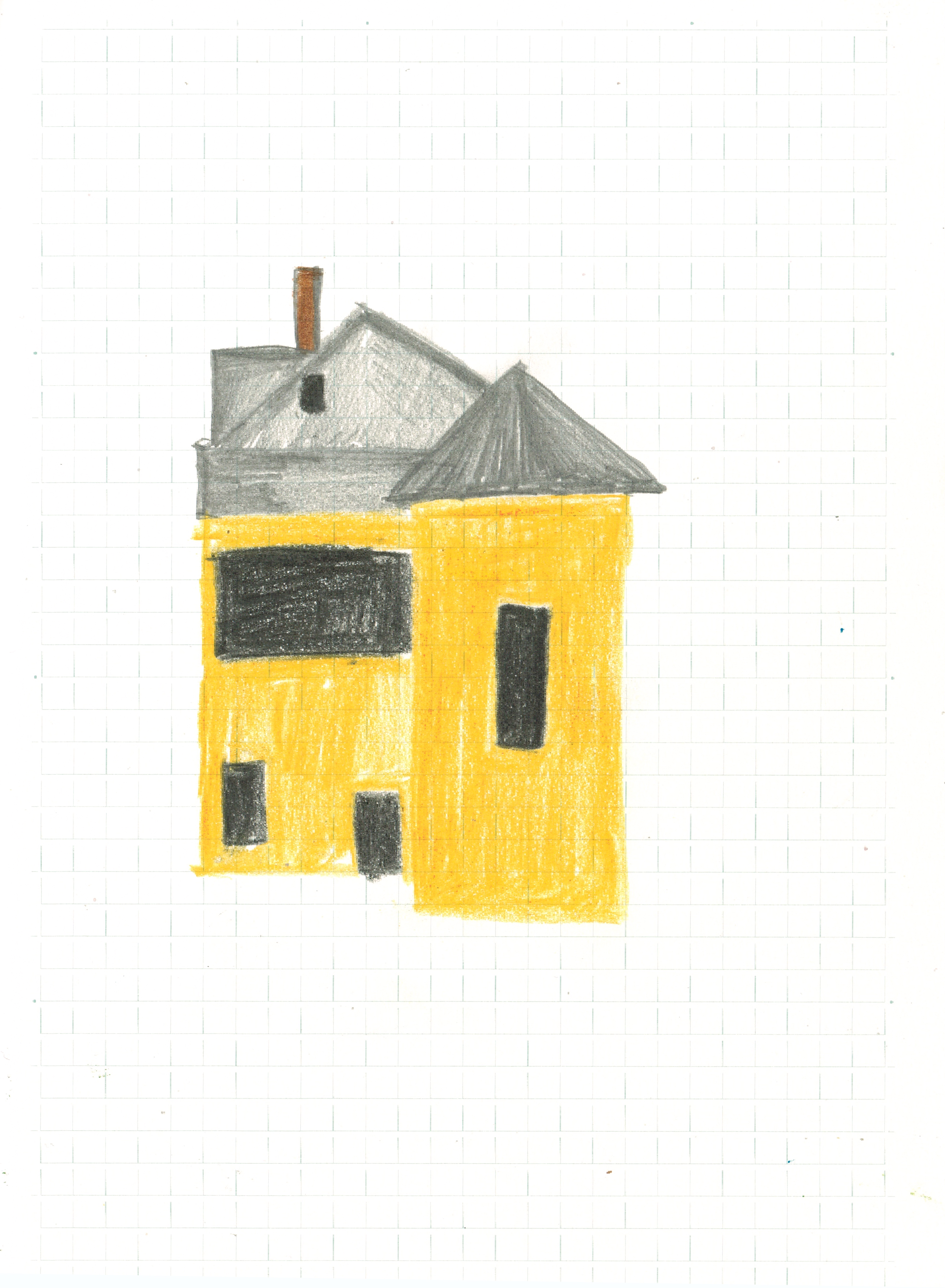 drawing of a house in yellow with grey roof and black windows