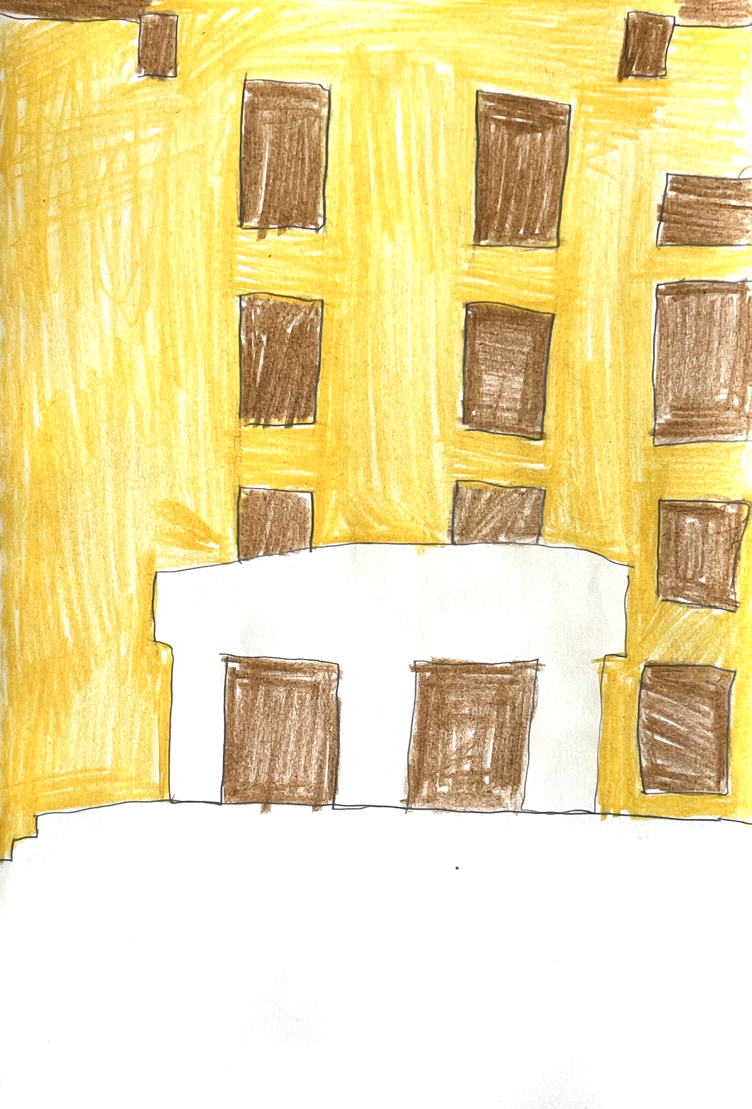 building facade drawn with yellow and brown colored pencils