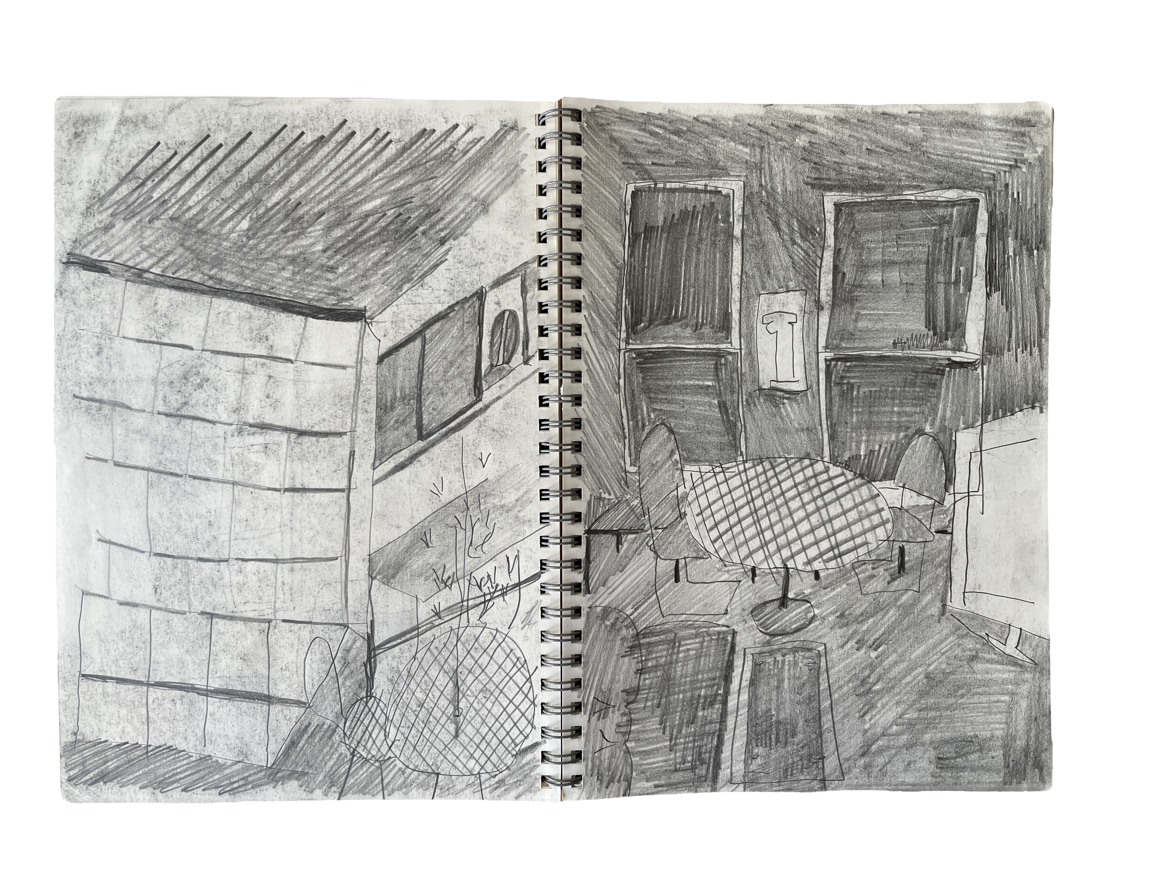 two drawings in pencil side-by-side. the left is a building corner with a table and chair at bottom right. the right is an interior of a symmetrical living room with two windows, to the left a couch and to the right a television