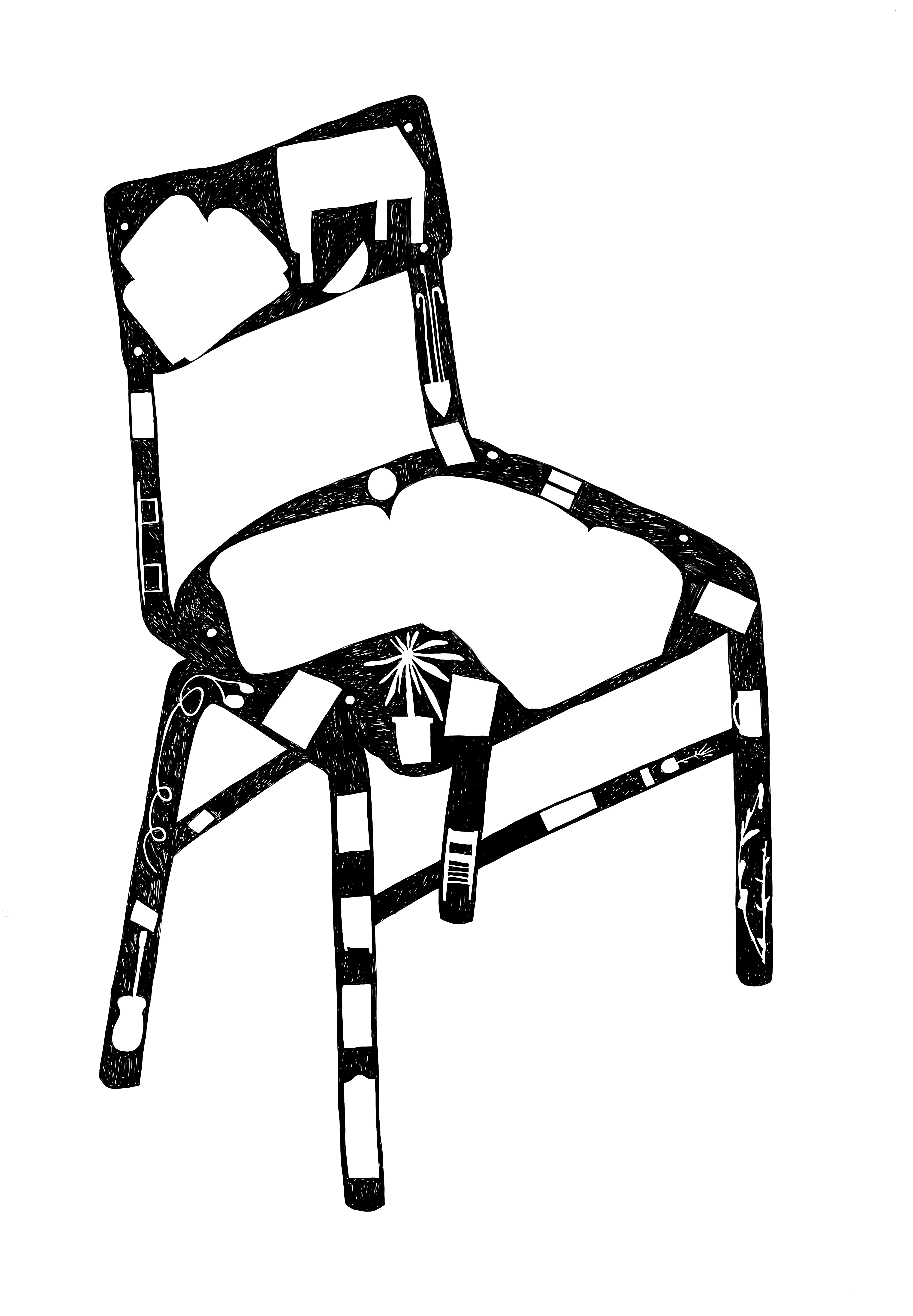 drawing of a chair with other household items in silhouette within