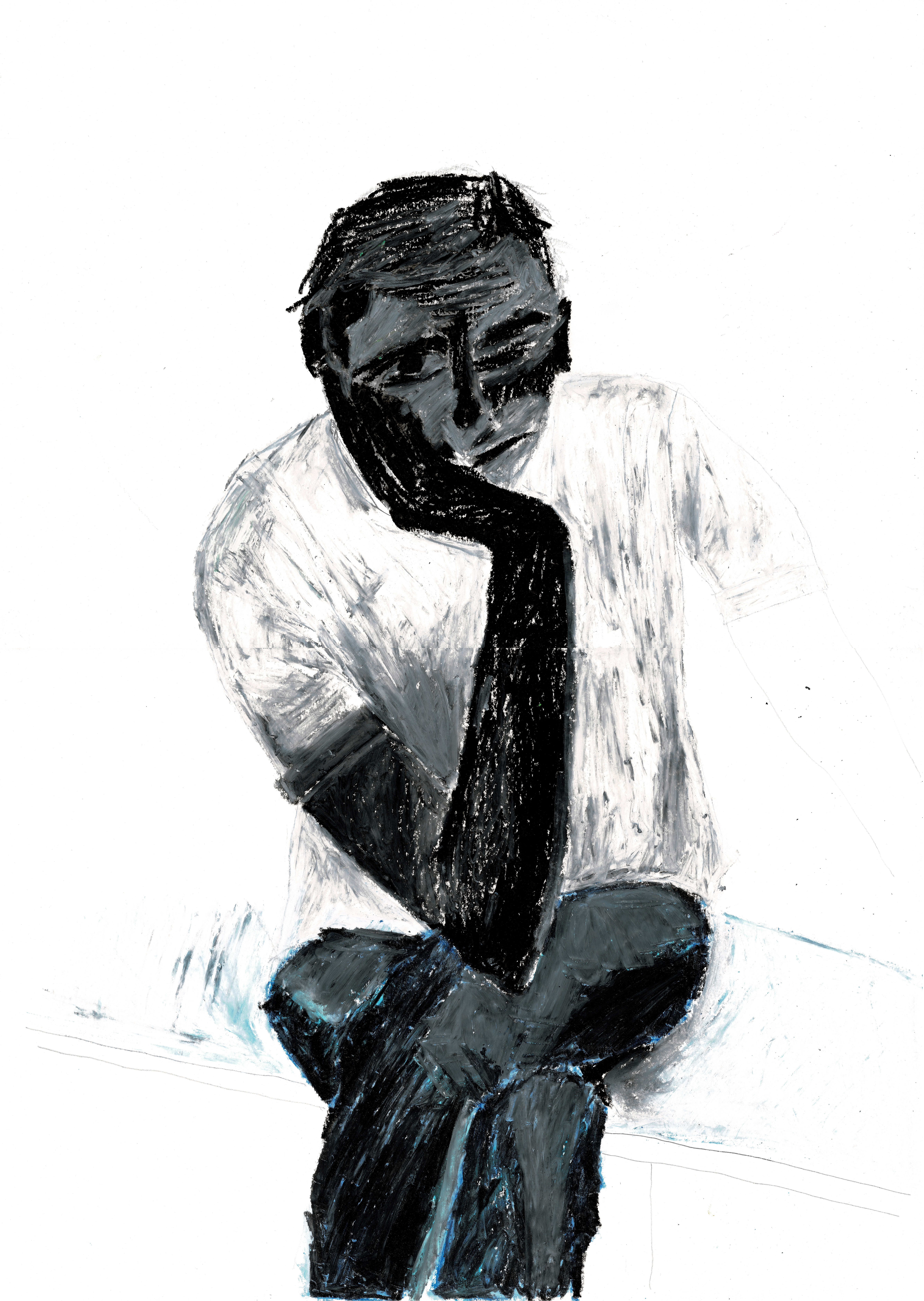 pastel drawing of a figure with black skin, a white t-shirt, and blue-flecked black pants with crossed legs leaning forward onto his arm