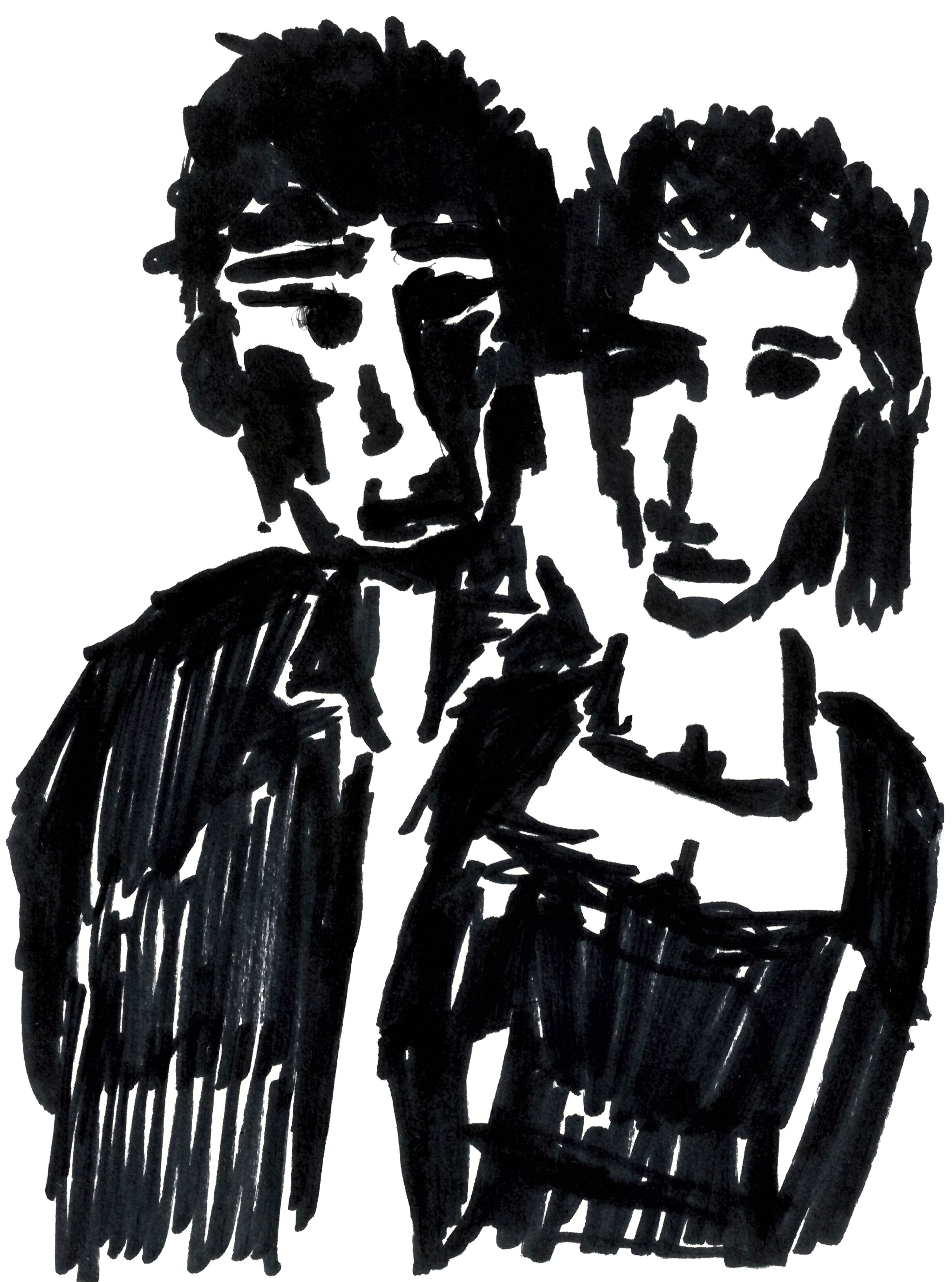 drawing with heavy black marker of two figures, a woman in front wearing a corsetted dress and a man standing behind her with a button-up shirt