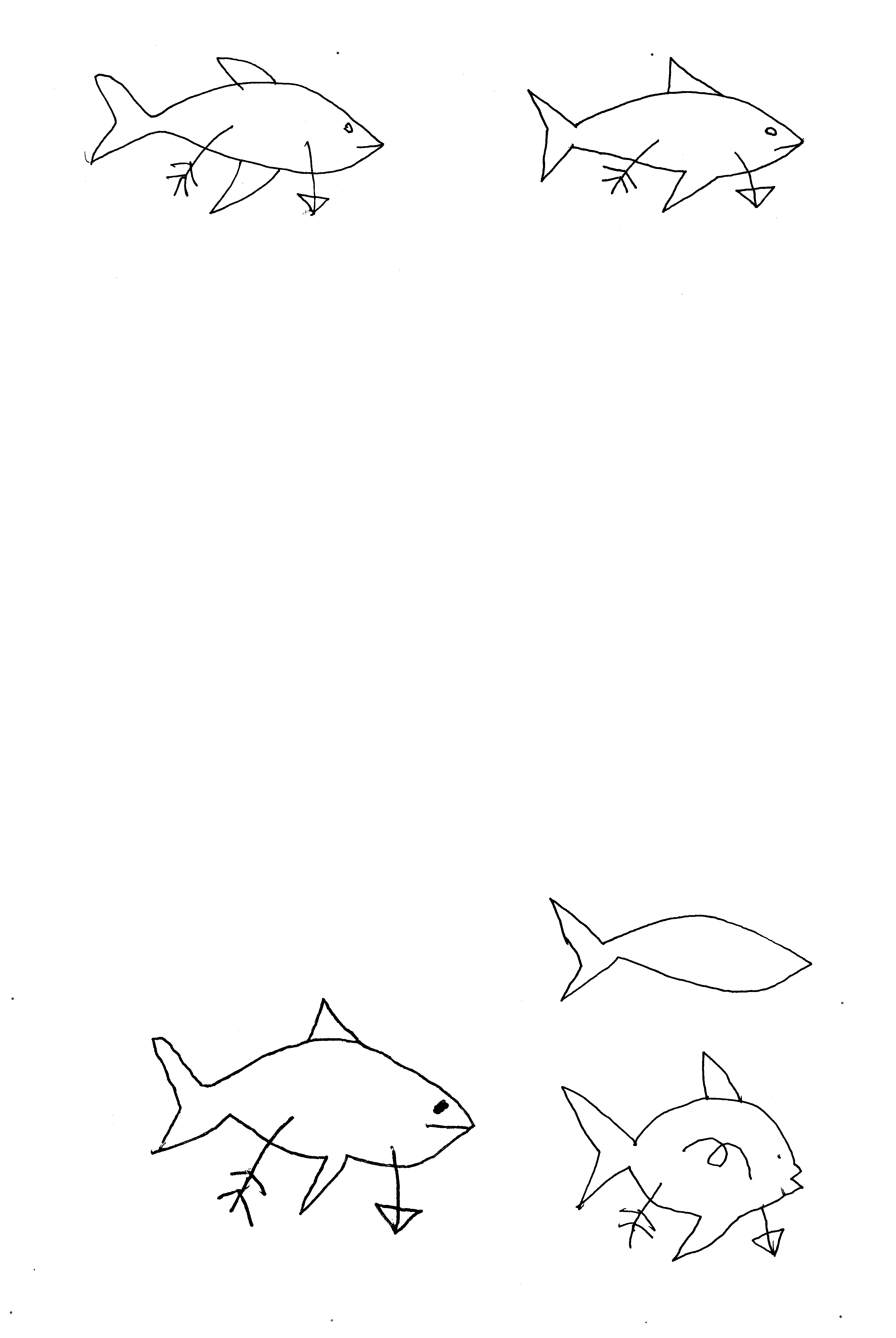 pen drawing of fishes pierced with arrows