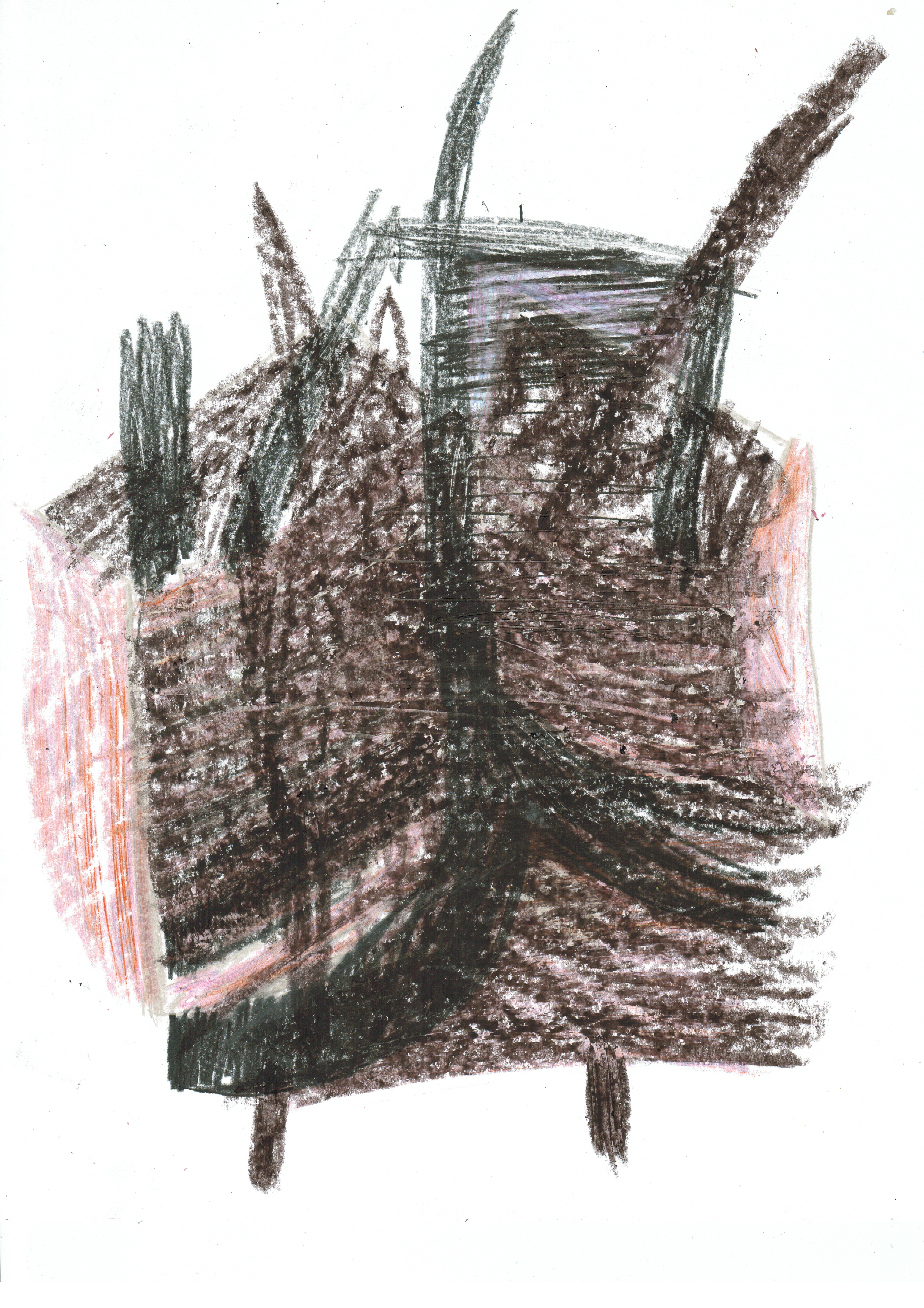 a house in pink drawn over with dark black lines