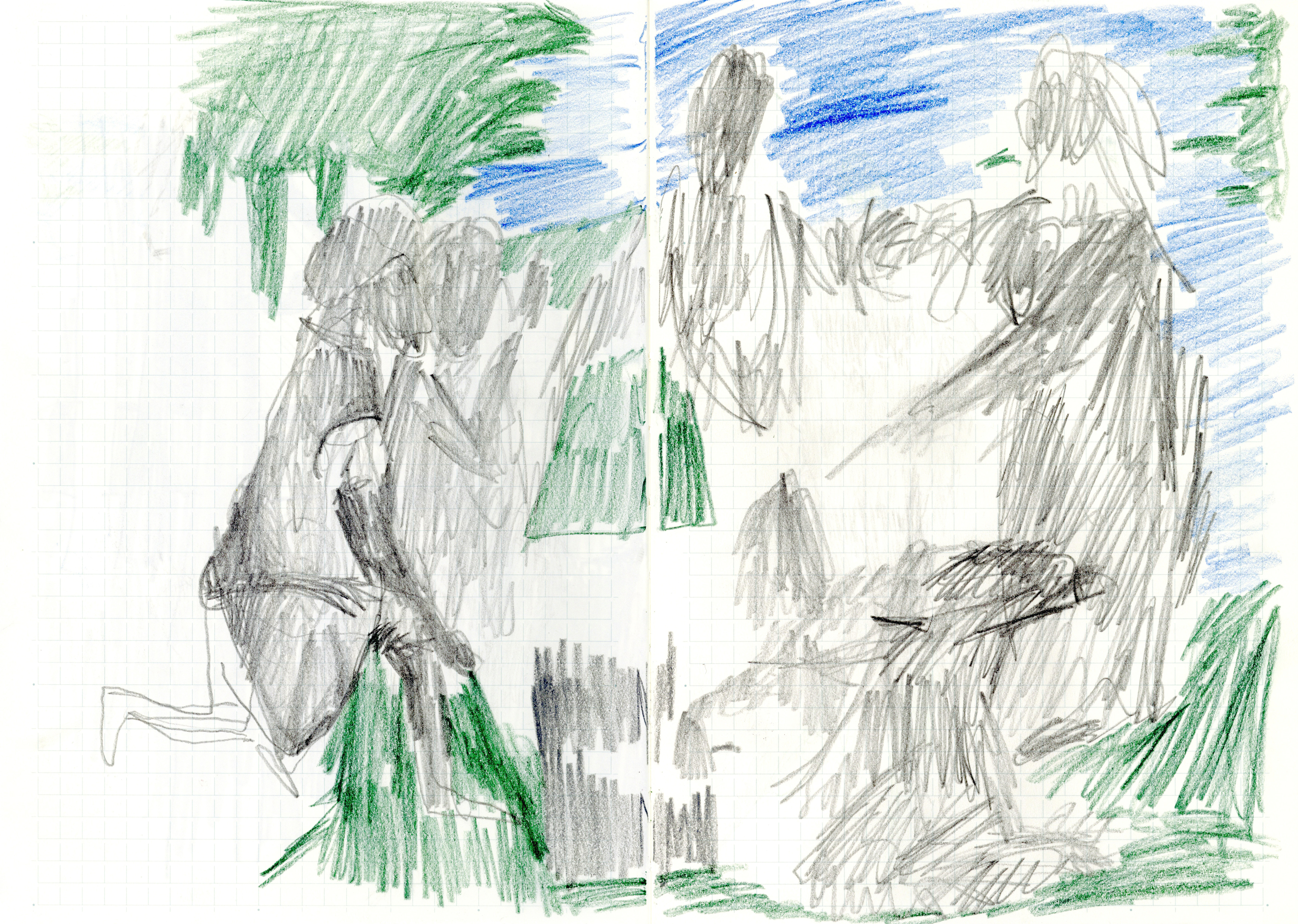 pencil drawing in blue, green, and grey of figures sitting in a circle