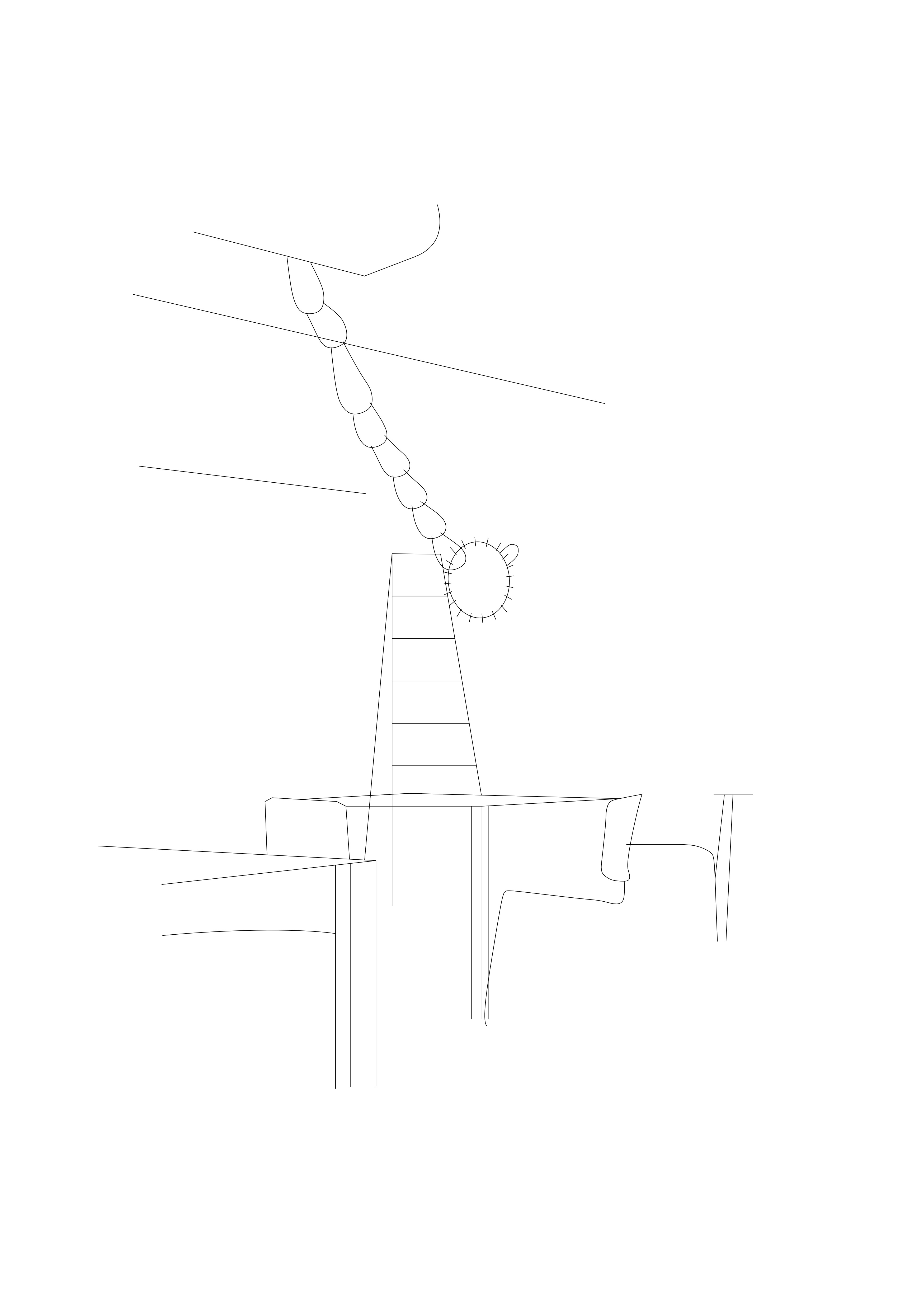 line drawing of two tables, a chair, a ladder, and a hanging knot