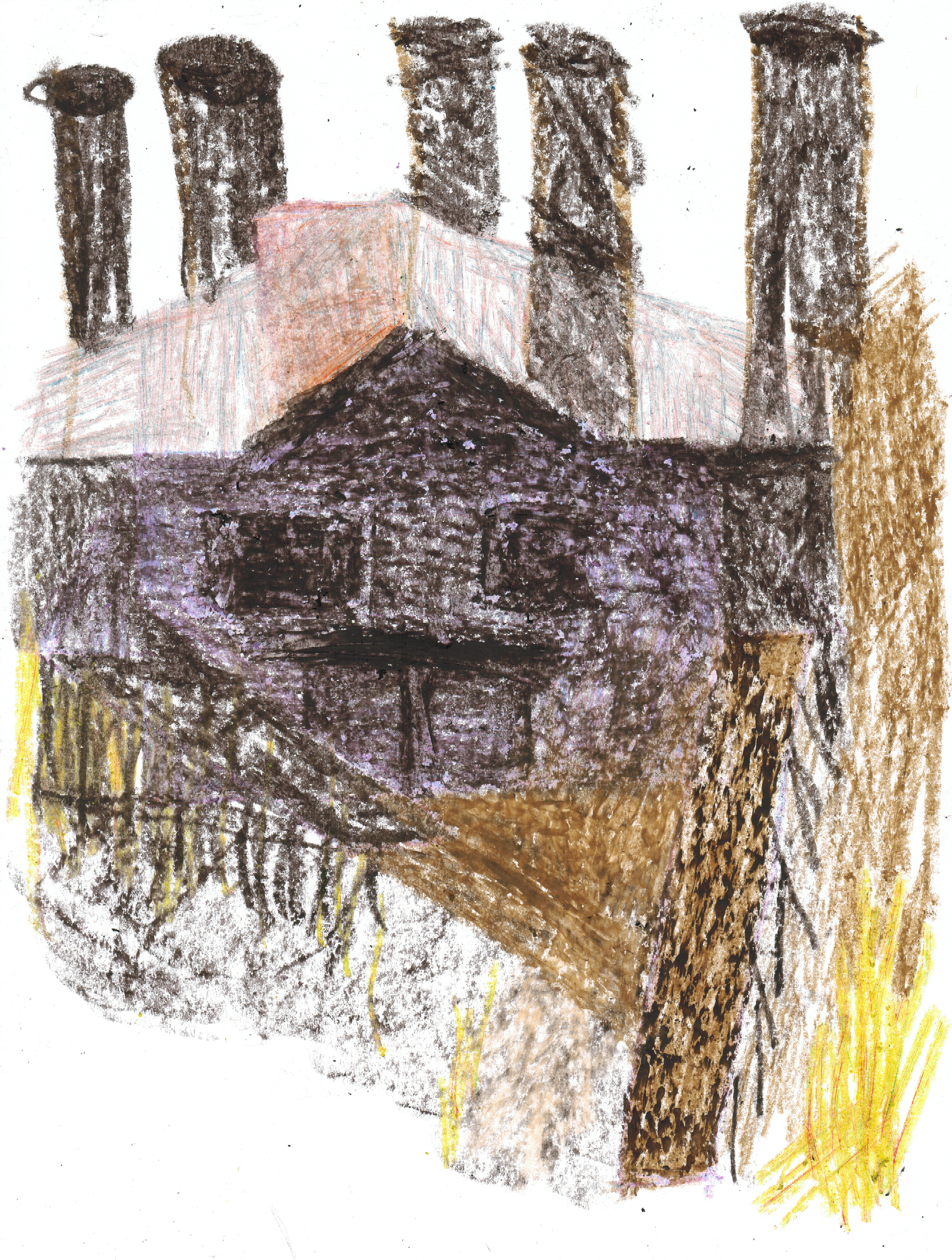 purple house drawn with colored pencils and five black chimneys
