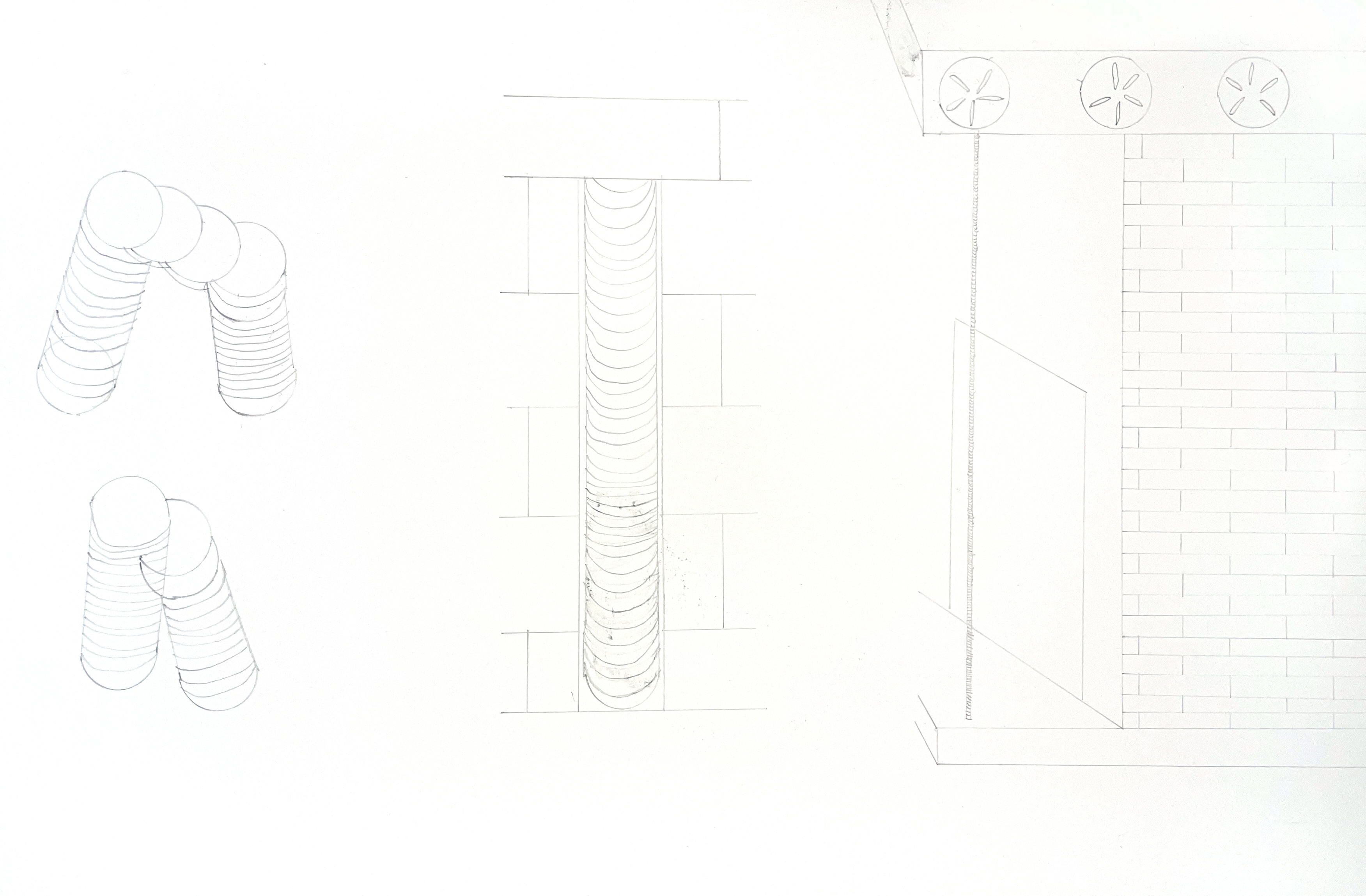 three sets of drawings. the left is of small stacks of quarters, arranged so that they make little intersecting columns. The middle is a divet in a brick wall, filled in with a stack of quarters. the right is a corner-building with its corner-column made out of a thin stack of quarters