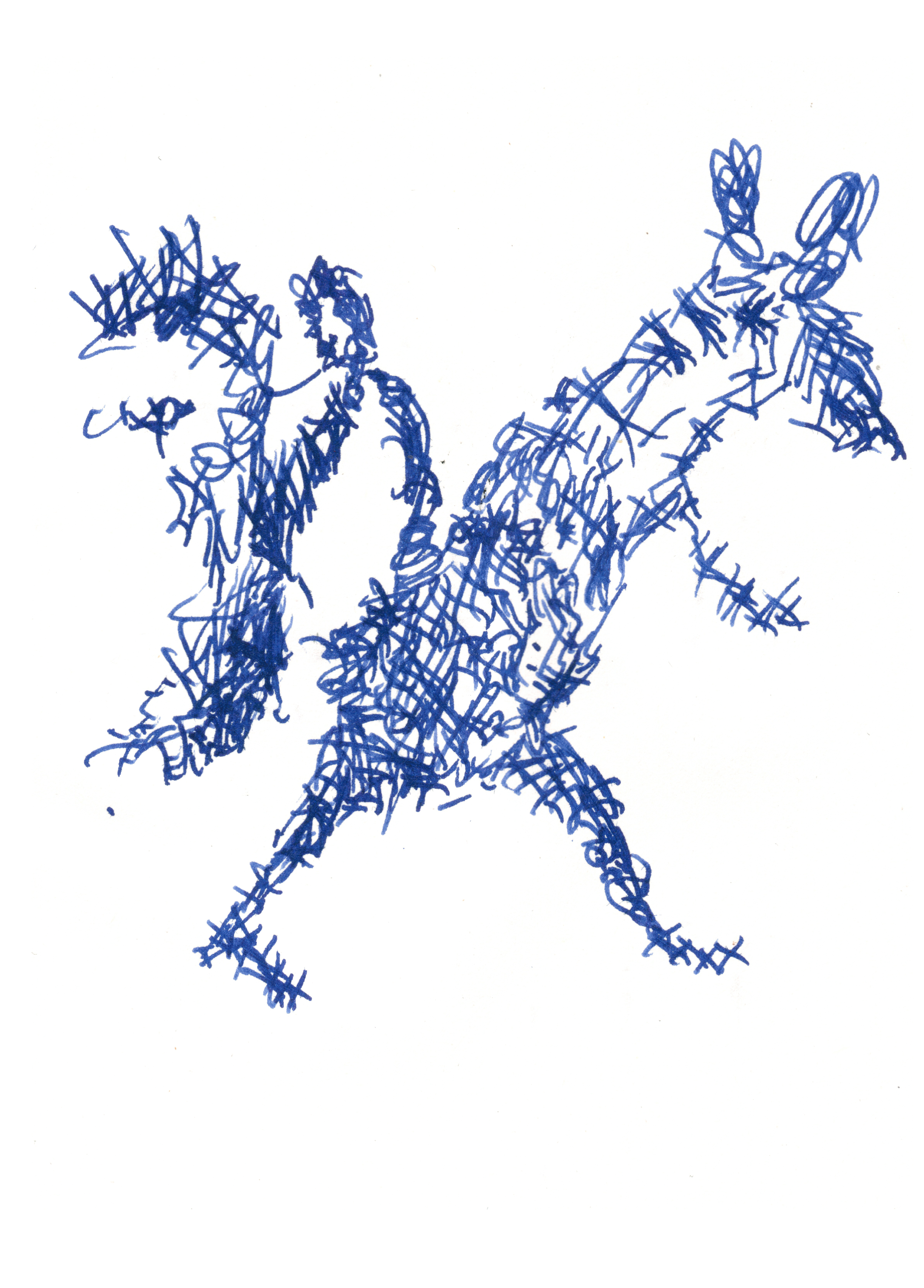 pen drawing in blue of a rat on its back two legs running to the right, its tail in a curlicue