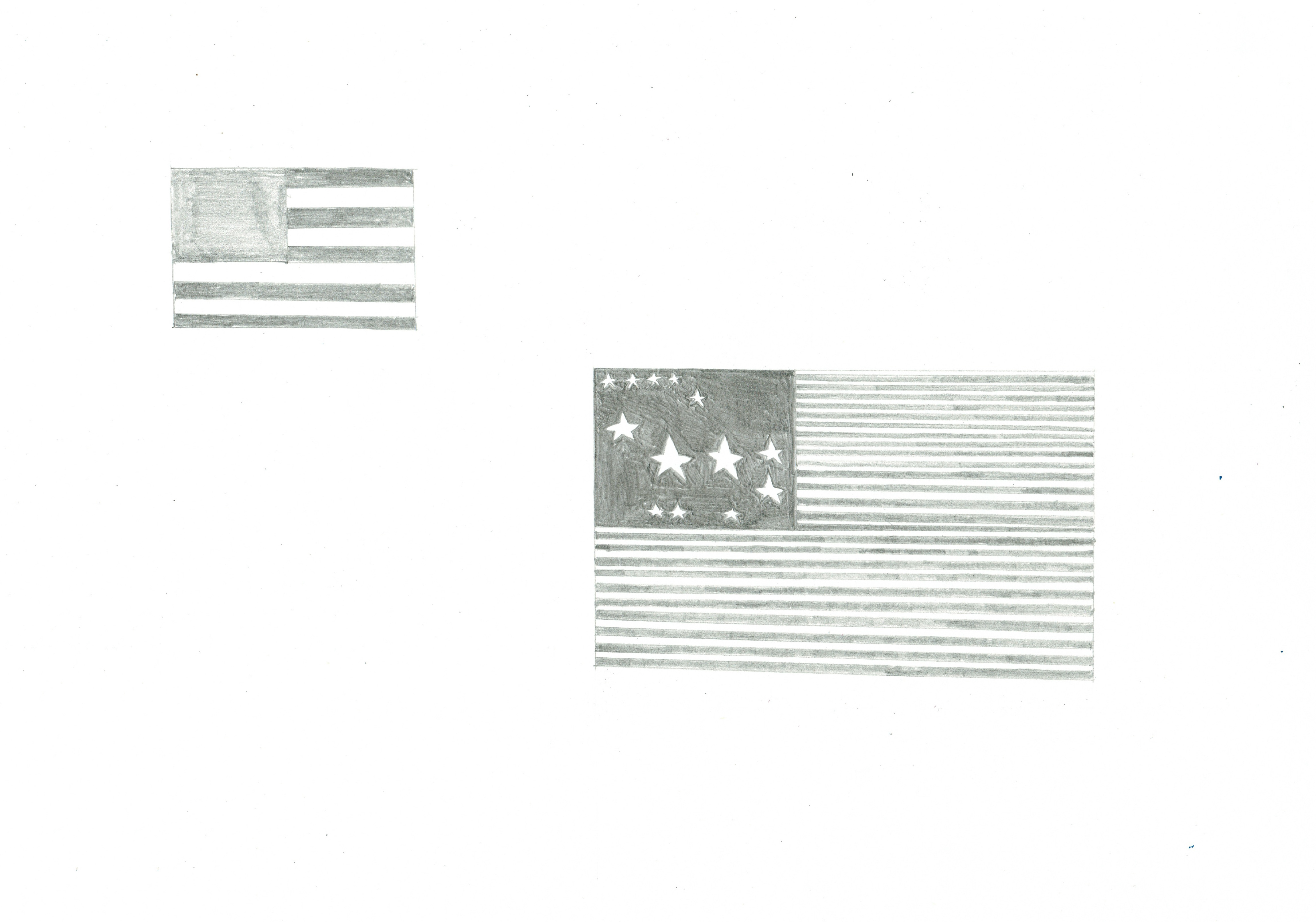 two pencil drawings of American flags, a simple sketch in top left, and a flag with thirteen stars and fifty stripes in middle-right