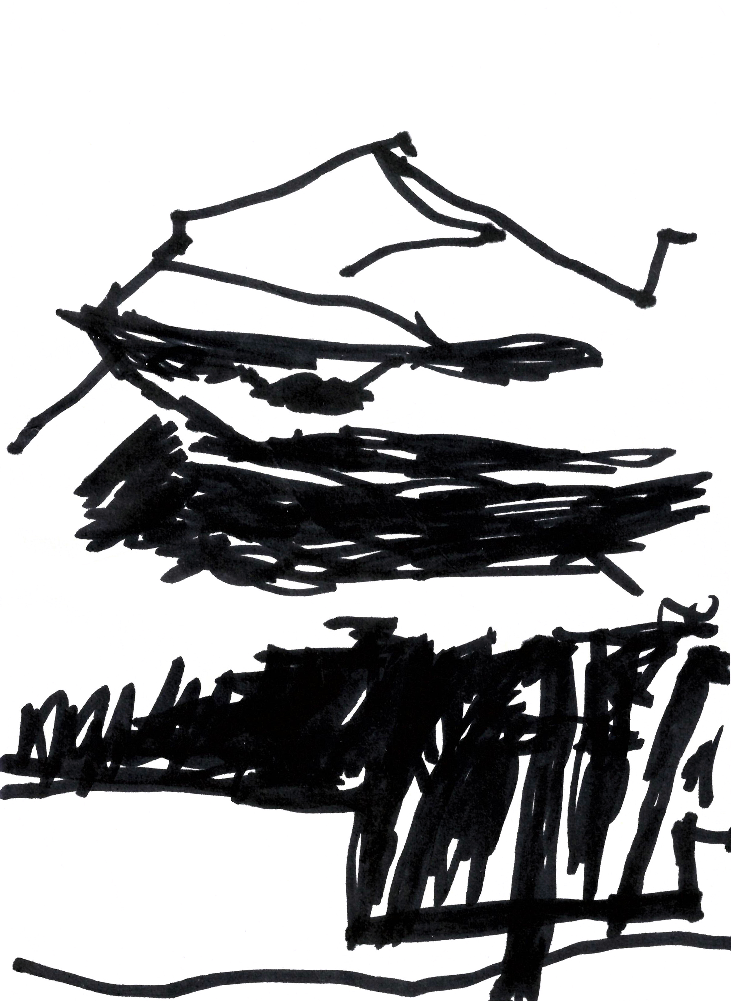 drawing with heavy black marker of a boat laying in the water