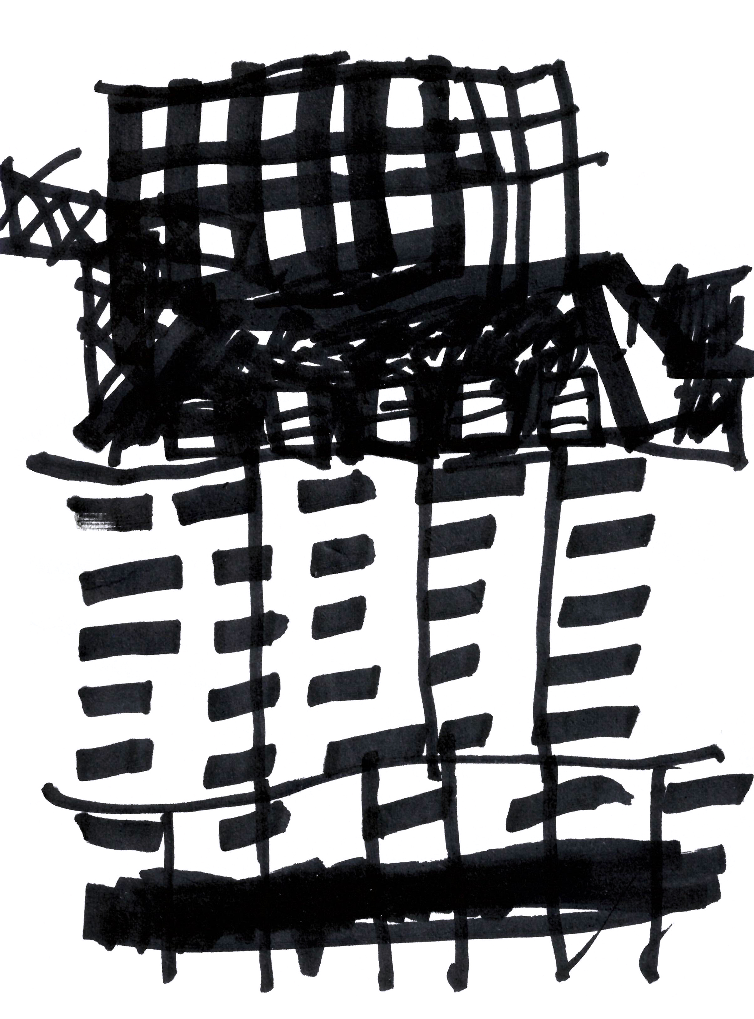 drawing with heavy black marker of a building facade in a loose grid