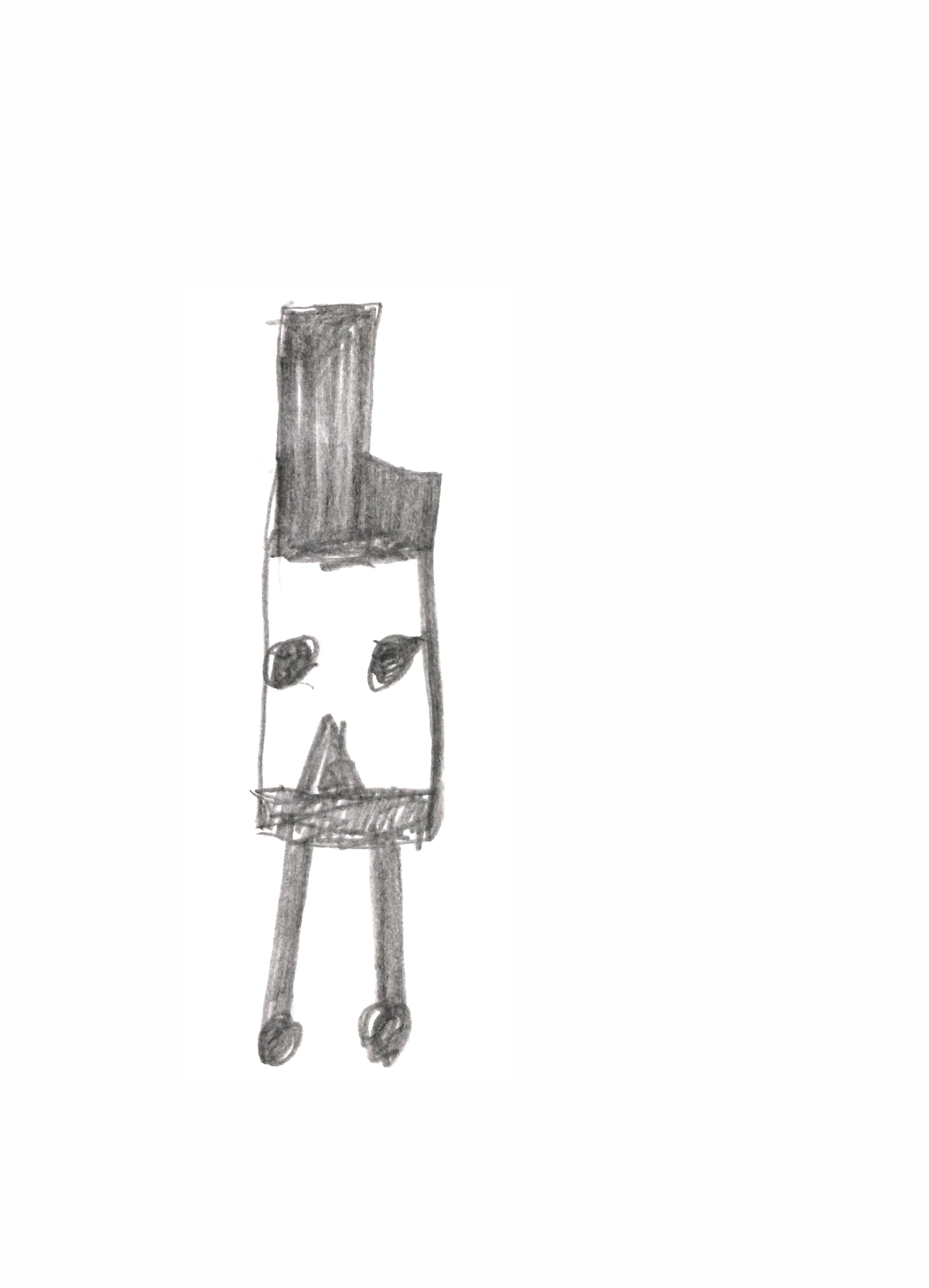 pencil drawing of a head with a chimney on wheeled-legs