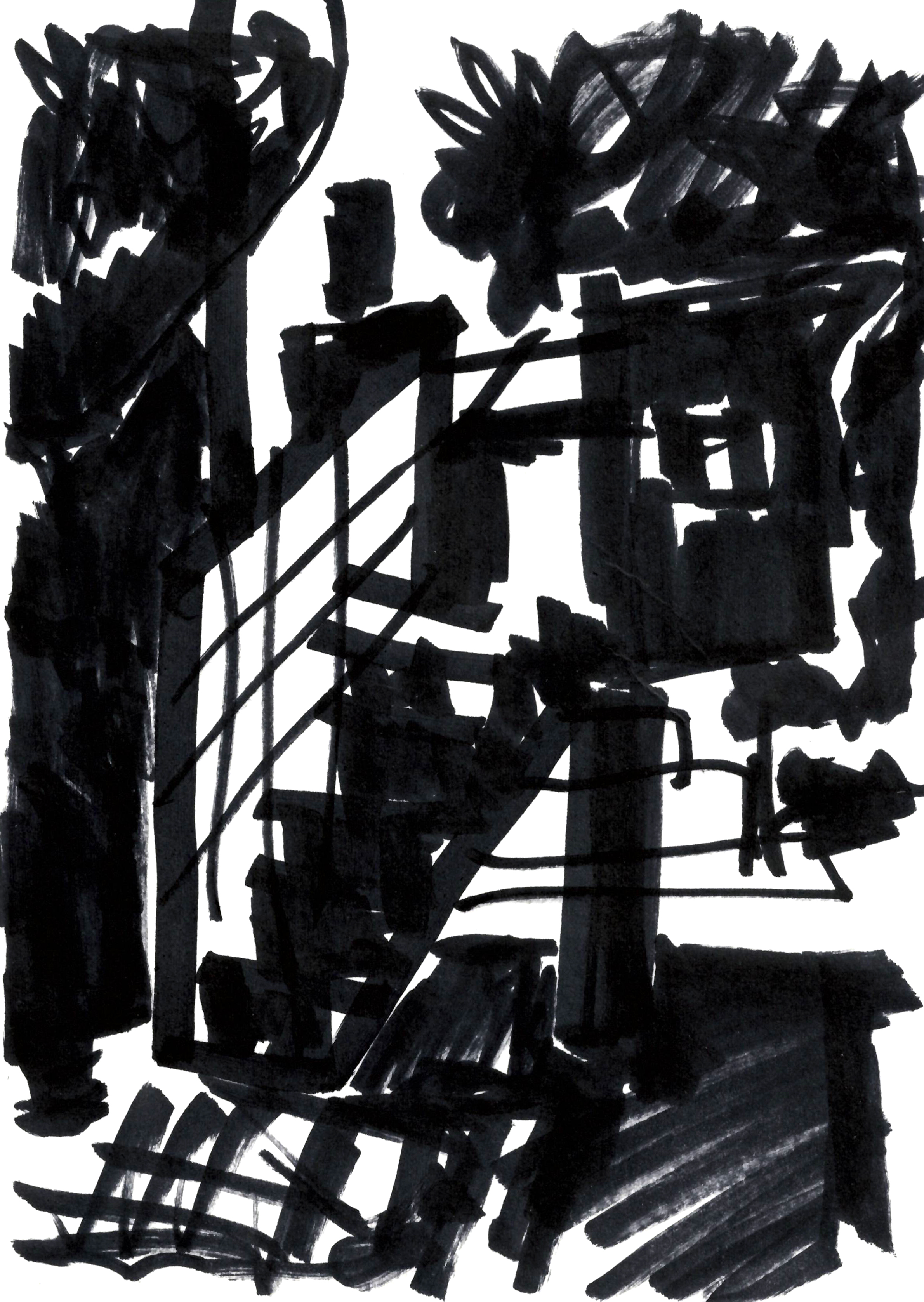 drawing with heavy black marker of the porch-stairs of Notre-Dame du Haut chapel with trees in the background