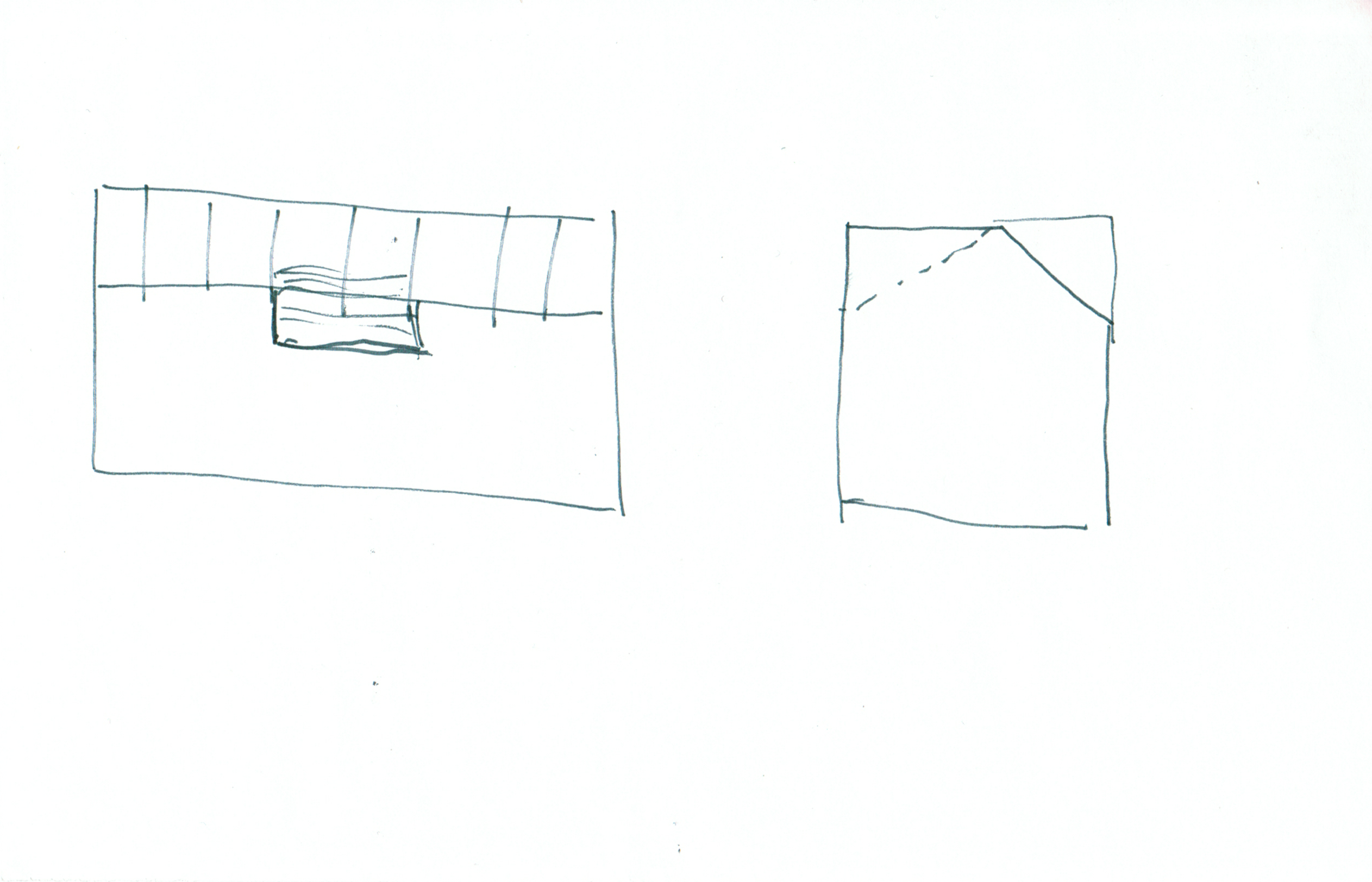 two little sketches of a building, one on the long side and one on the short; the building has a pitched roof