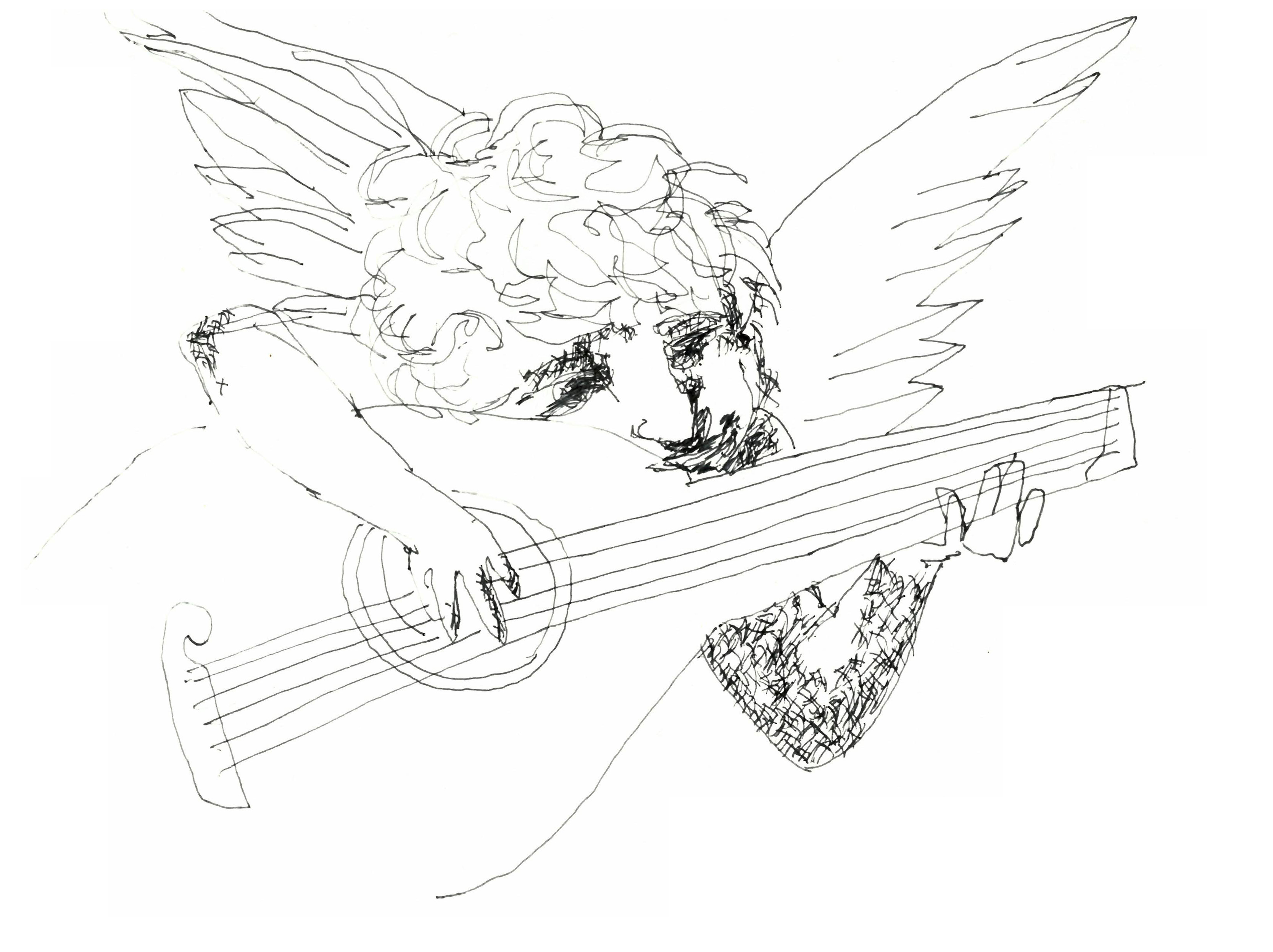 drawing with a thin pen of a cherub playing a lute