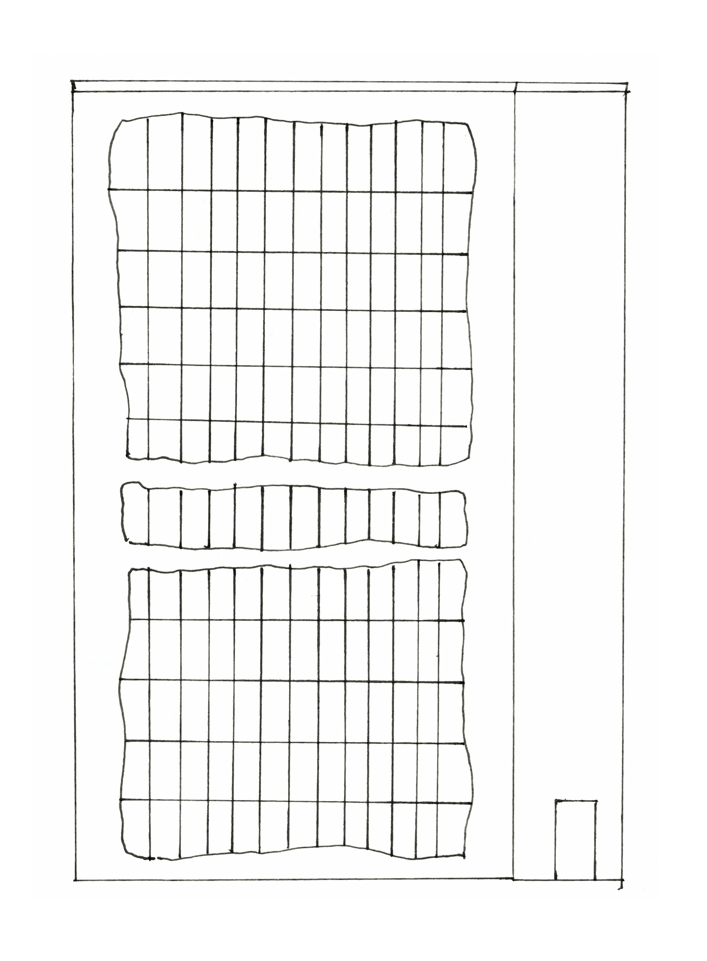 pen drawing of a building with one door on the side and walls of windows with rough edges