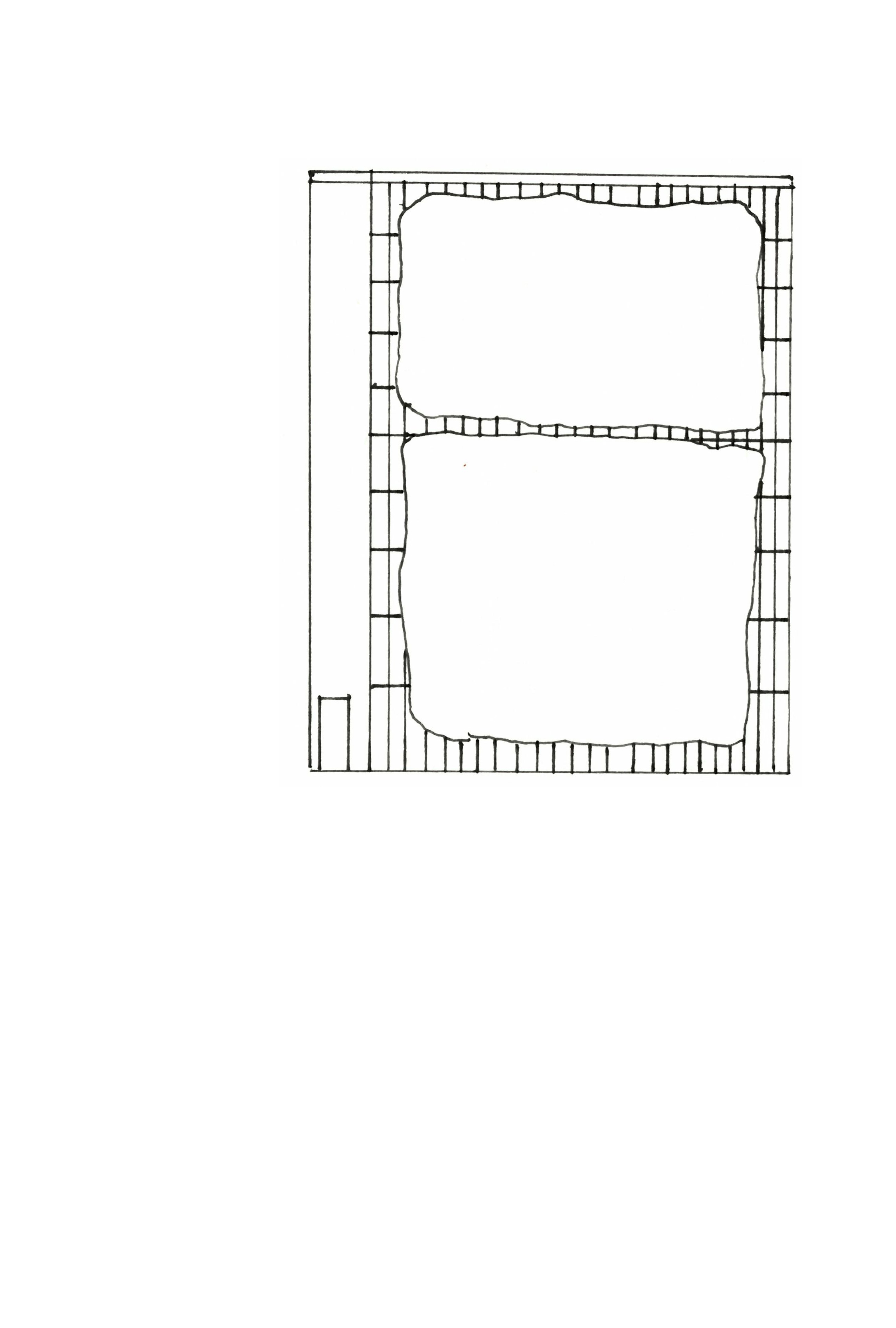 pen drawing of a building with one door on the side and walls of windows with rough edges