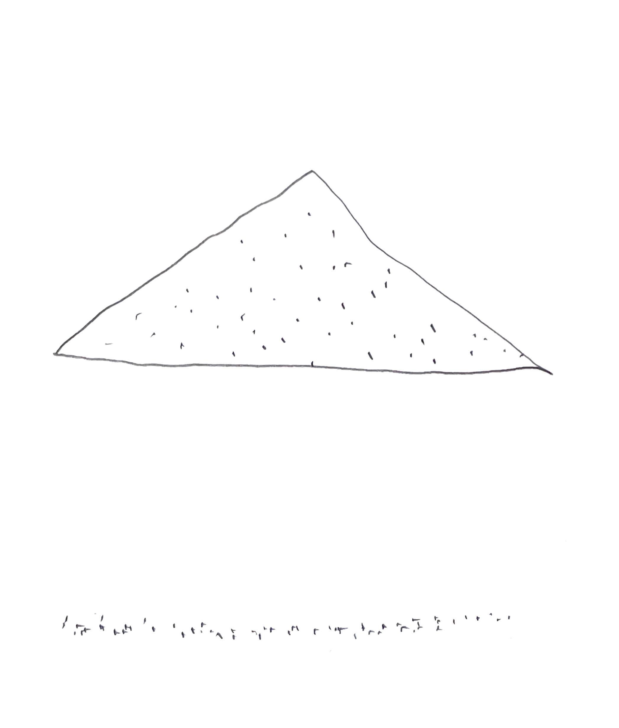 a drawing with a triangle with dots above and a scattered line of dots below