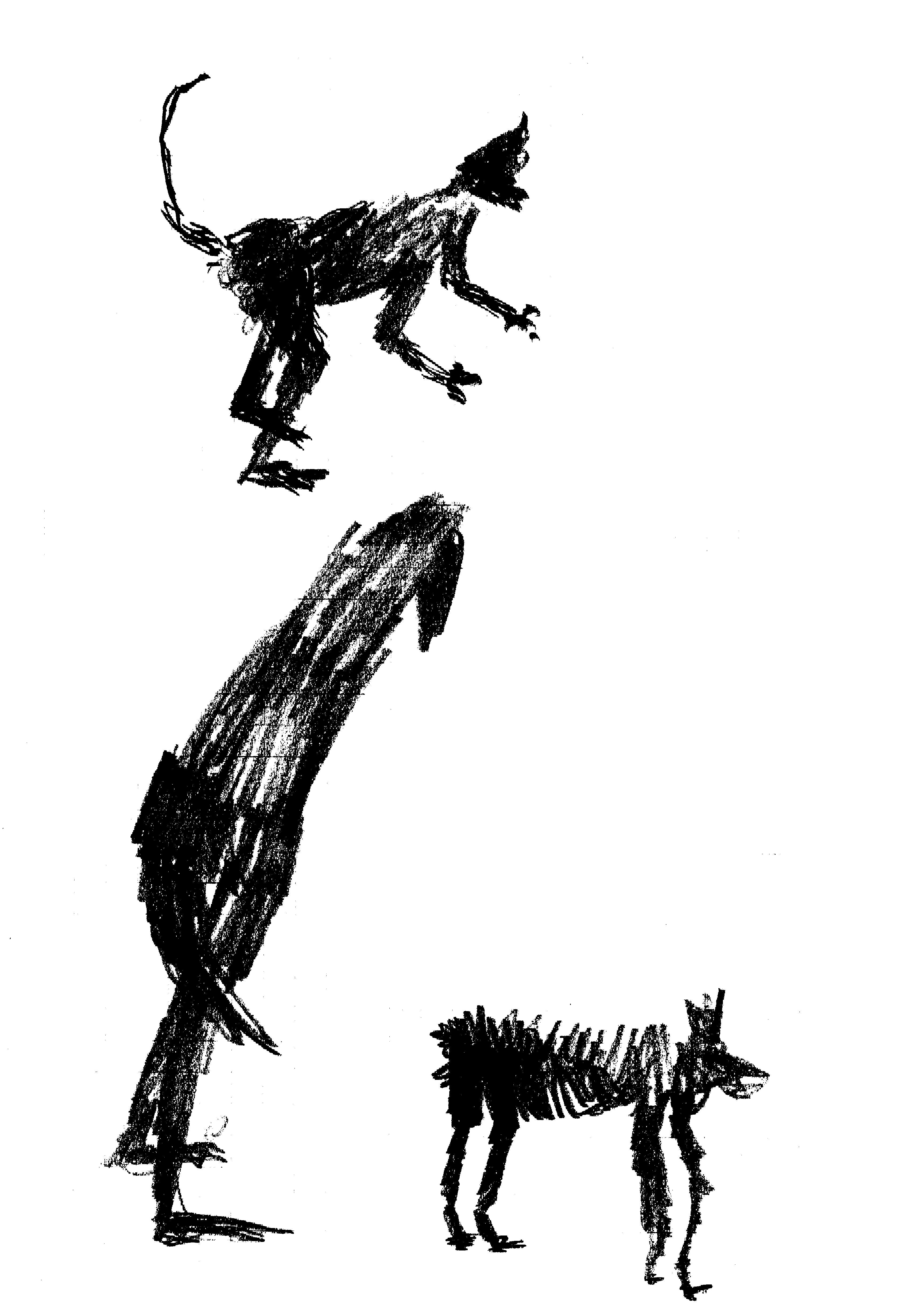 a monkey, a tall bird, and a dog all facing right drawn in black