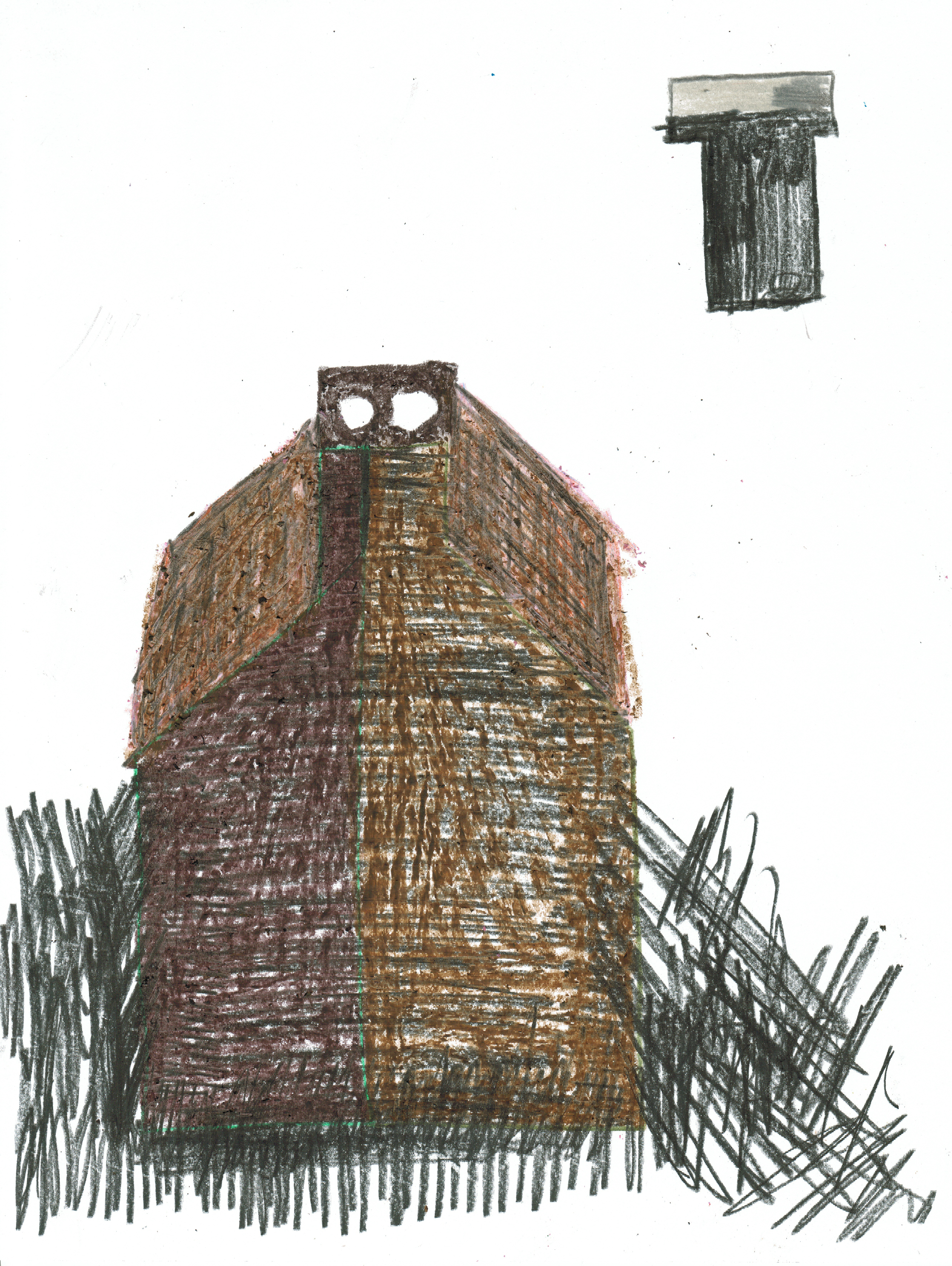 a house with dark black horizontal stripes drawn in colored pencil