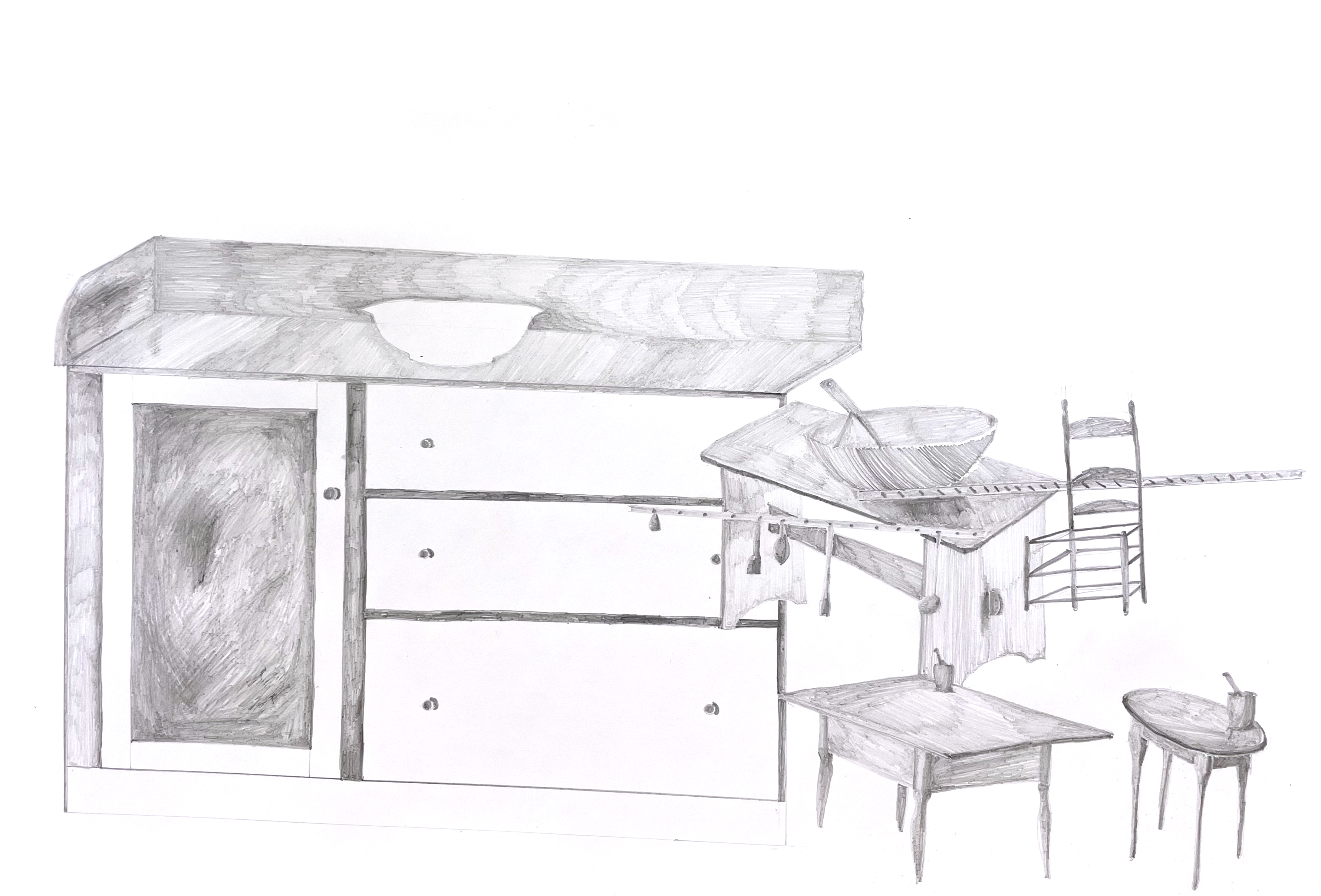 pencil drawings of shaker furniture in various sizes sit across the page, overlapping each other