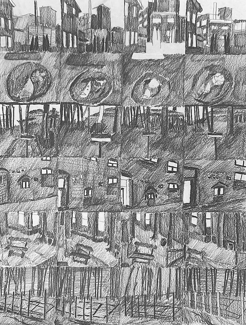 a grid of six rows and four columns, different scenes drawn in pencil repeated